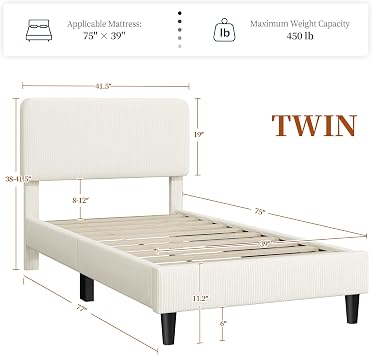 Yaheetech Twin Bed Frame, Adjustable Chenille Upholstered Headboard, Beige | Soft channel-tufted chenille headboard offers comfy support; no box spring needed on sturdy platform for quiet, modern sleep.