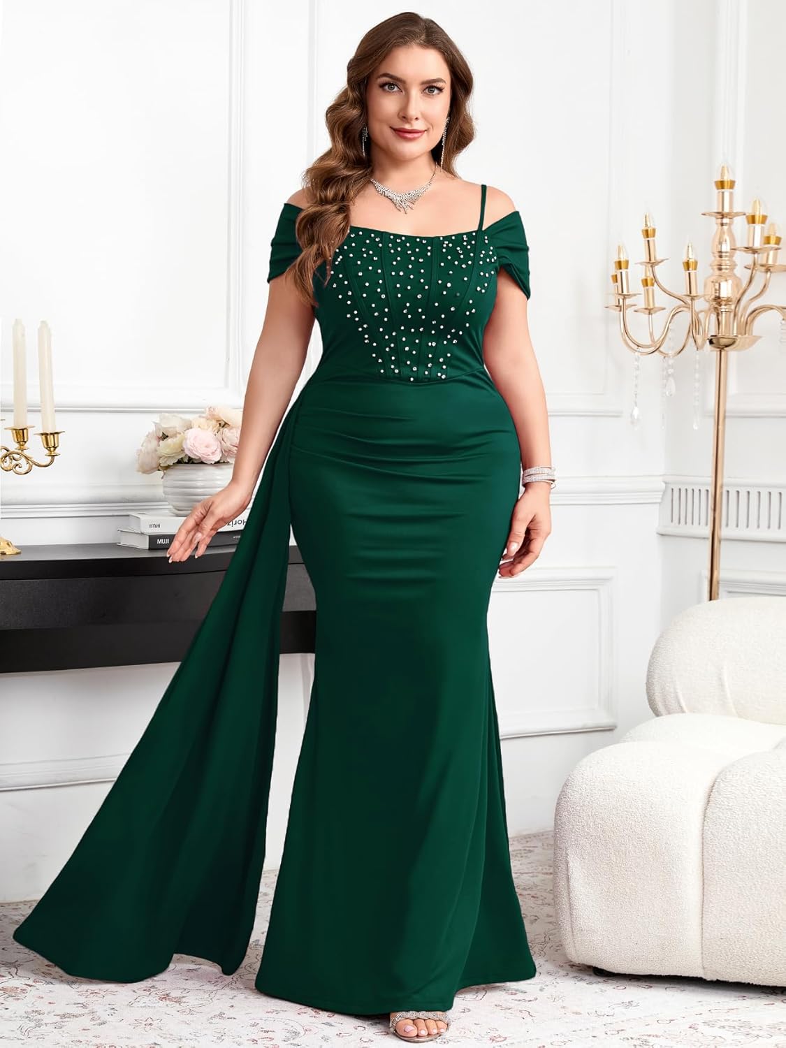 Plus Size Off The Shoulder Mermaid Maxi Dress Spaghetti Strap Pearl Bodycon Dresses Cocktail Wedding Evening Gown - Image 6