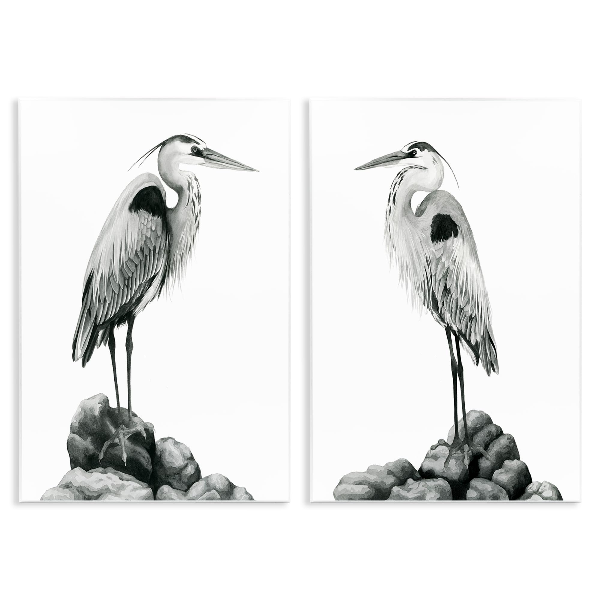 'Great Herons Standing Rocks Bird Portraits'| 2pc Wall Plaque Art Set