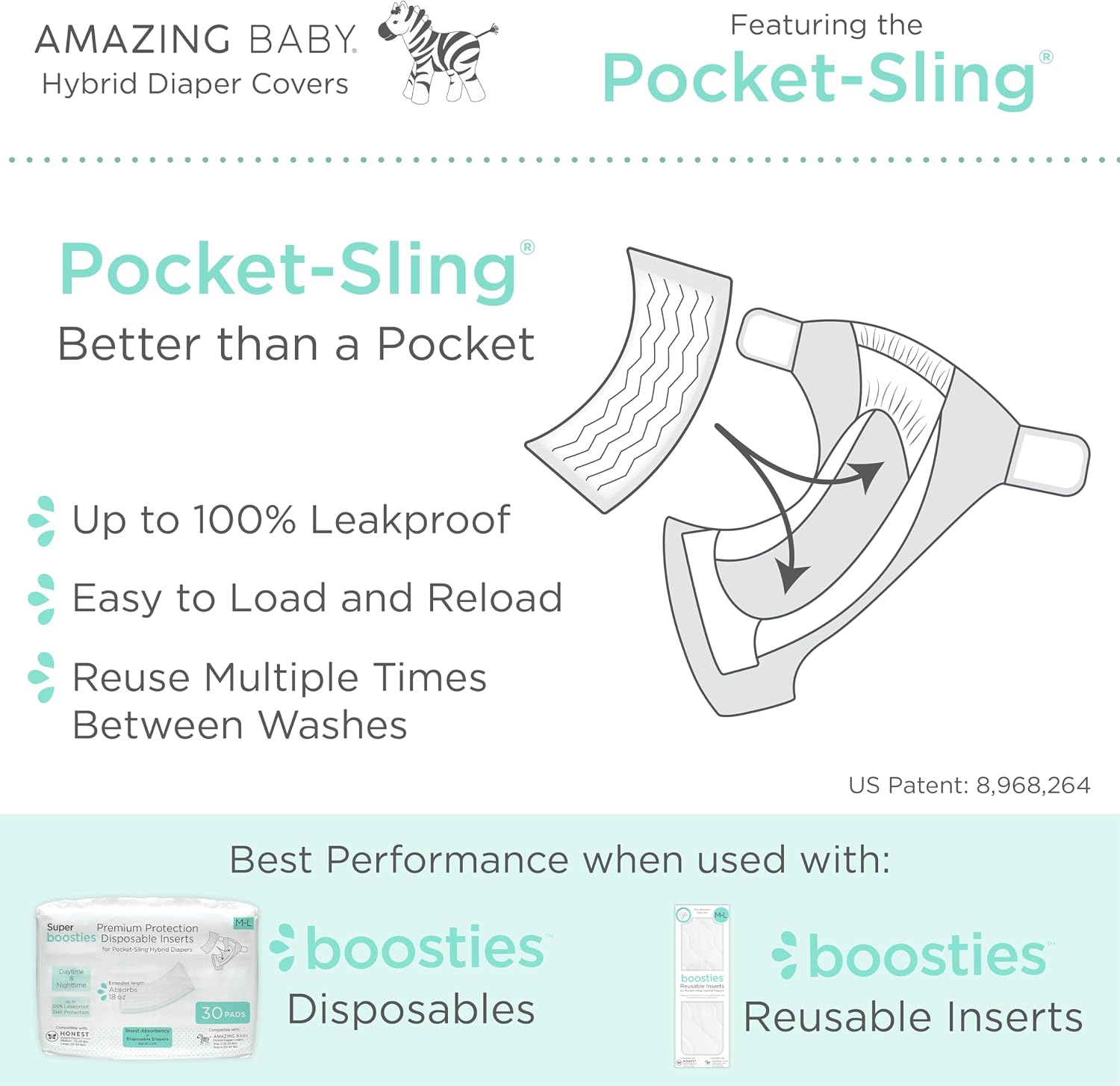 Amazing Baby Hybrid Cloth Diaper Cover with Pocket-Sling, Small, Sz 2 (8-15 lbs), Use with Boosties Inserts, Pink Springfield, SmartNappy Set includes Muslin Cover + Tri-fold Insert + Booster Pad