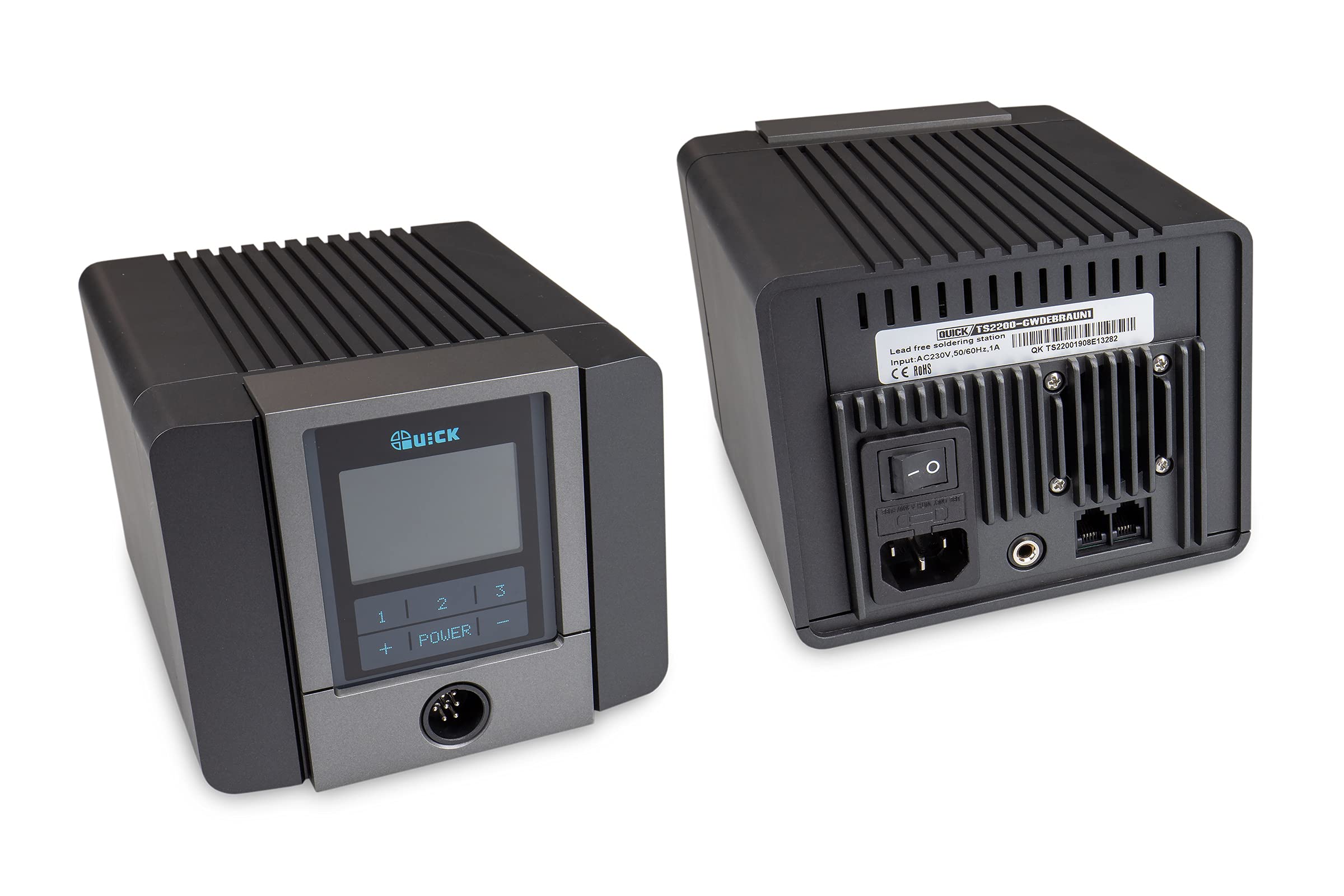 QUICK TS2200 ESD regolabile digitalmente, 90 Watt, con saldatore con elemento riscaldante ad alte prestazioni e accessori, stazione di saldatura SMD, per industria, laboratorio, scuola e hobby