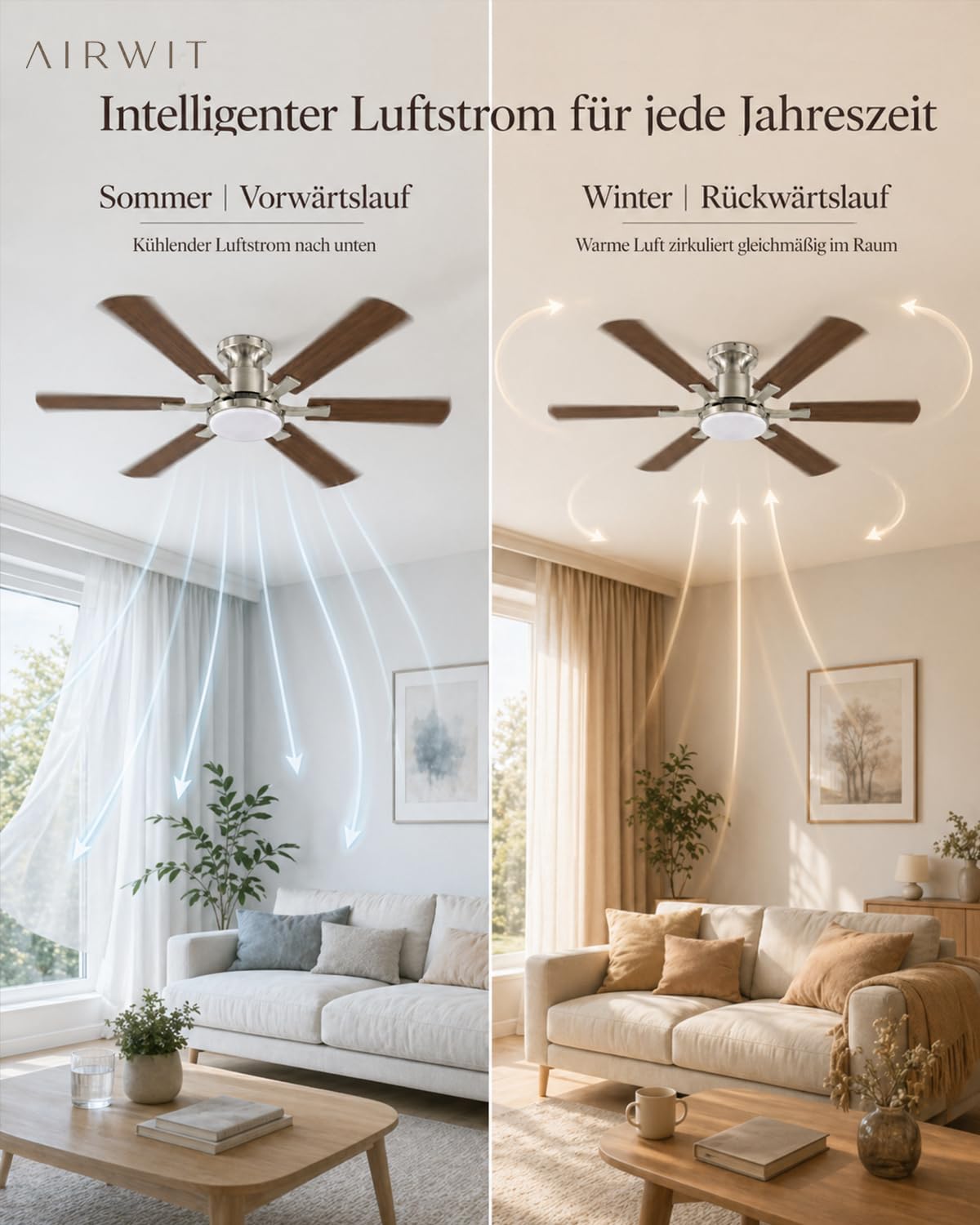 Airwit 132 cm Deckenventilator mit Beleuchtung und Fernbedienung, Deckenventilator mit Licht, leiser DC-Motor, 6 Geschwindigkeiten, dimmbare LED, Timer, Sommer-/Winterbetrieb, Walnuss/Silber