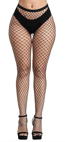 Henwarry Women's Fishnet Stockings Thigh High Wide Fishnet Tights - One Size - B03-black(medium Hole)