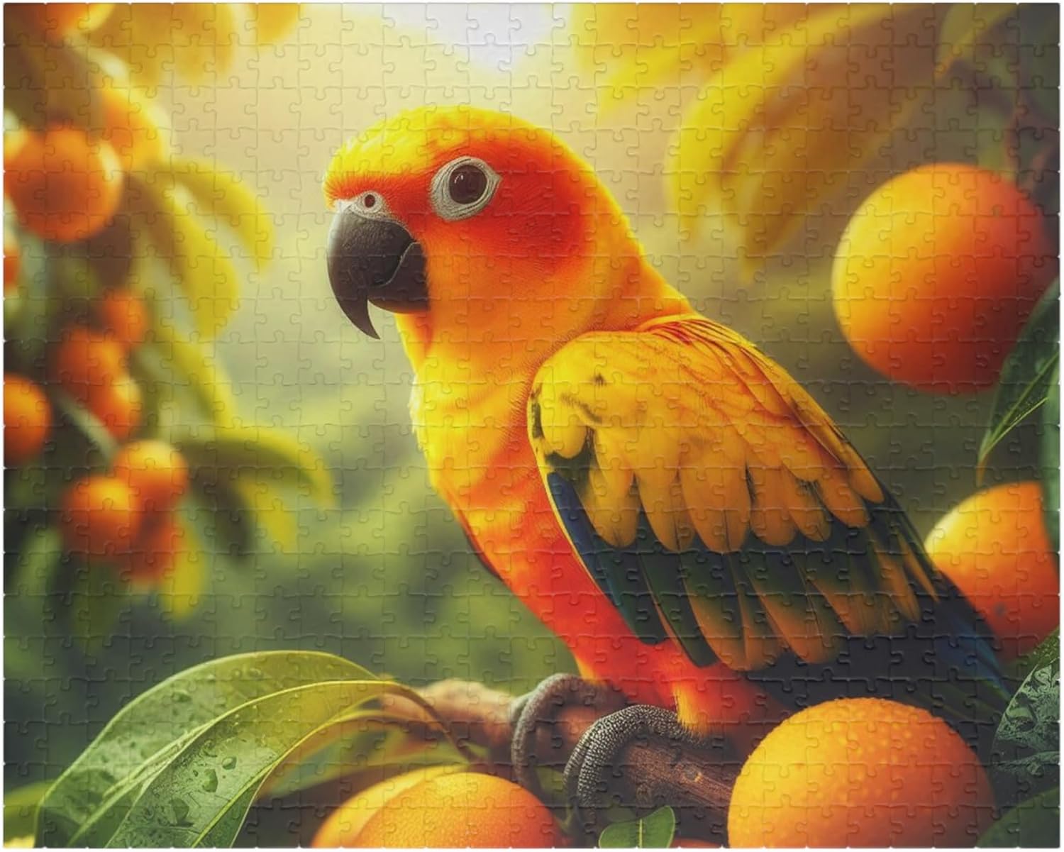 Sun Conure Jigsaw Puzzle Made in USA – Glowing Orange and Yellow Bird in Tropical Fruit Tree