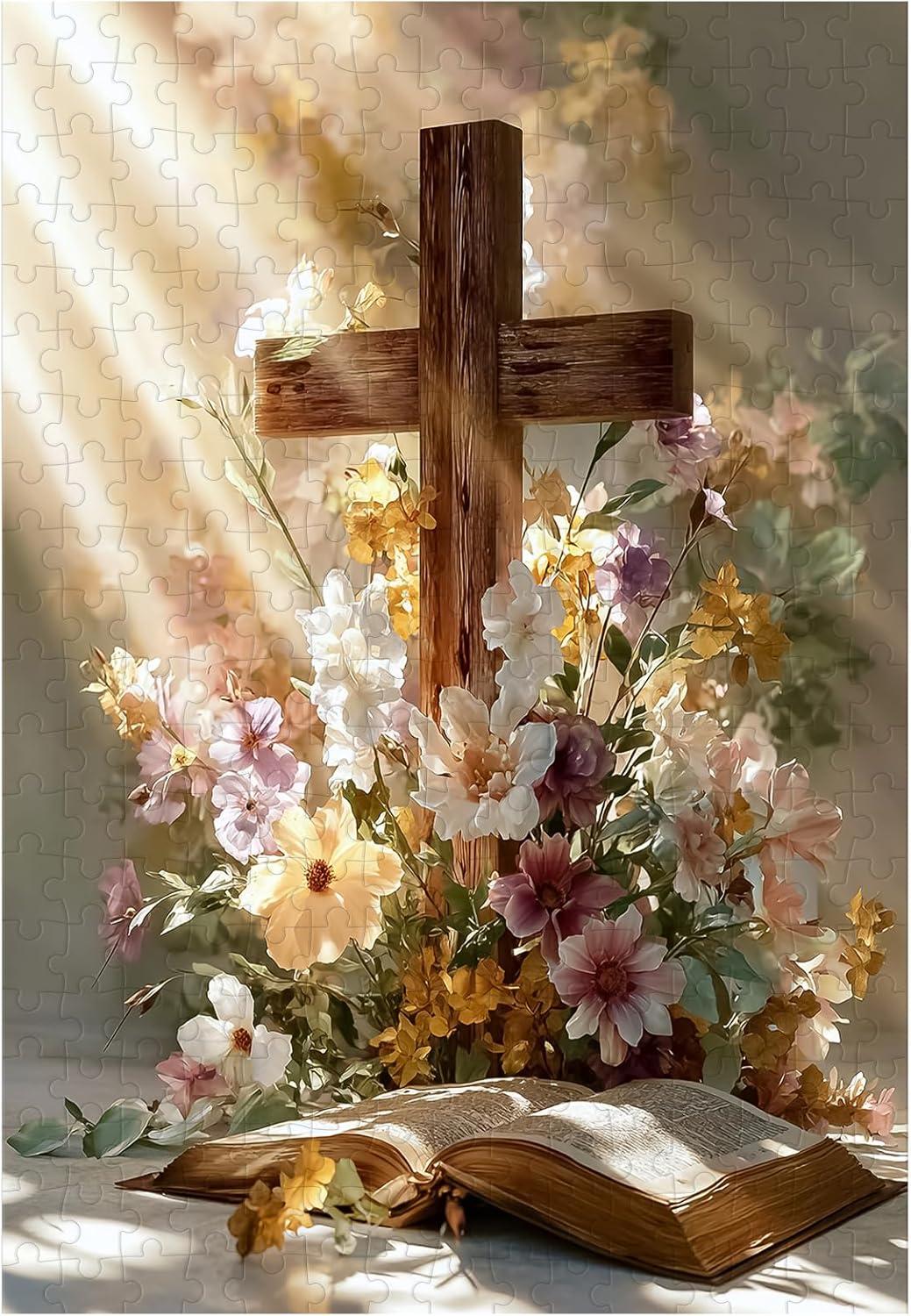 Great Jigsaw Puzzles for Adults 300 Pieces Religious Cross with Daisy Flowers Puzzles for Adults Toys Gift Family Decoration Kids Puzzle
