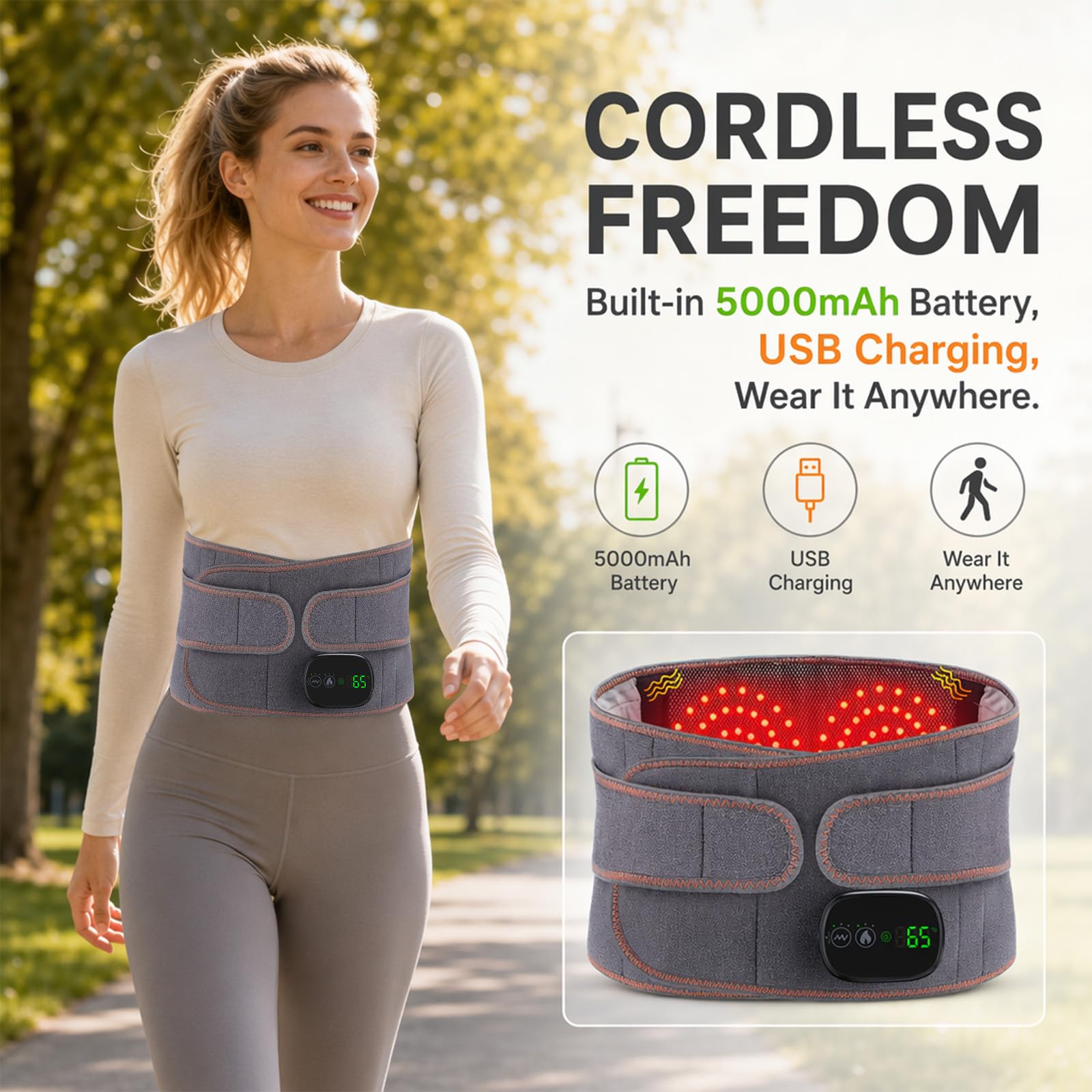 Cinturón térmico para espalda inalámbrico, con 3 niveles de calor y 3 niveles de vibración, batería de 5000 mAh, pantalla táctil, calentador de espalda, cinturón de masaje, almohadilla térmica para