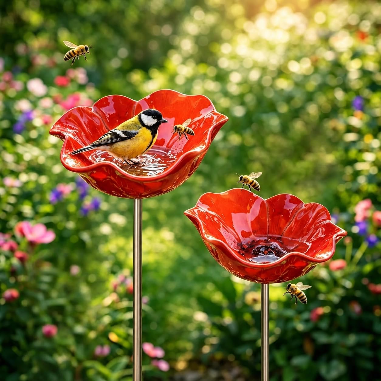Vogeltränke Gartenstecker - Blume Insektentränke & Bienentränke (2 Blüte)