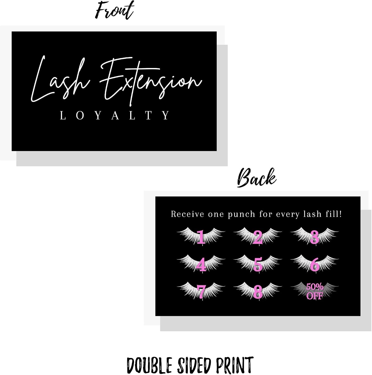 Lash Extension Loyalty Punch Cards | 50 pack | Eyelash False 2x3.5” inches symbols match aftercare instructions minimalist black and white thank you client cards matches intake forms for lash artists