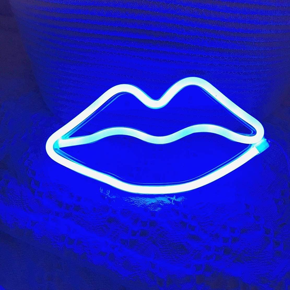 JEMESI Neon Signs, Cute LED Neon Lips Sign, Blue Lips Neons Light, Lip Shaped Lights, USB and Battery Powered Light up Signs for Wall Decor, Bedroom, Birthday, Wedding, Party Decoration Gifts