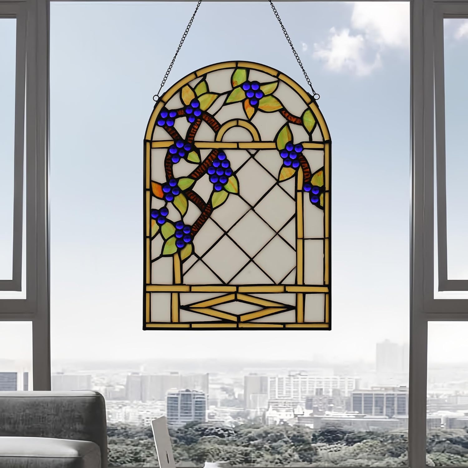 Stained Glass Window Hanging 16" X11” Rectangular Tiffany Plant Style Small Wisteria Flower Suncatchers Wall Decor Art Panel Include 20" Chain and Hook The Perfect Housewarming Gift