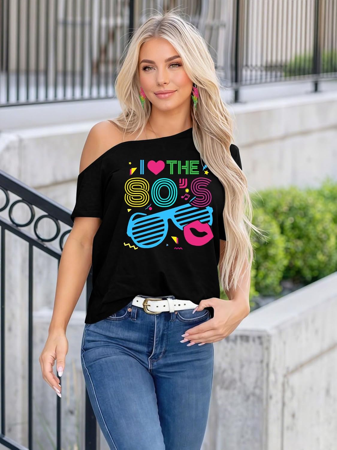 80s Shirts for Women Retro Off The Shoulder Top Disco 80s 90s Theme Party Outfit - Image 5