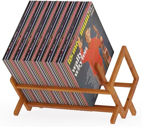 Miniatura 2 de Soporte para discos de vinilo de bambú, soporte para revistas, estante de almacenamiento de escritorio con divisor, capacidad para hasta 80-100 LPs,