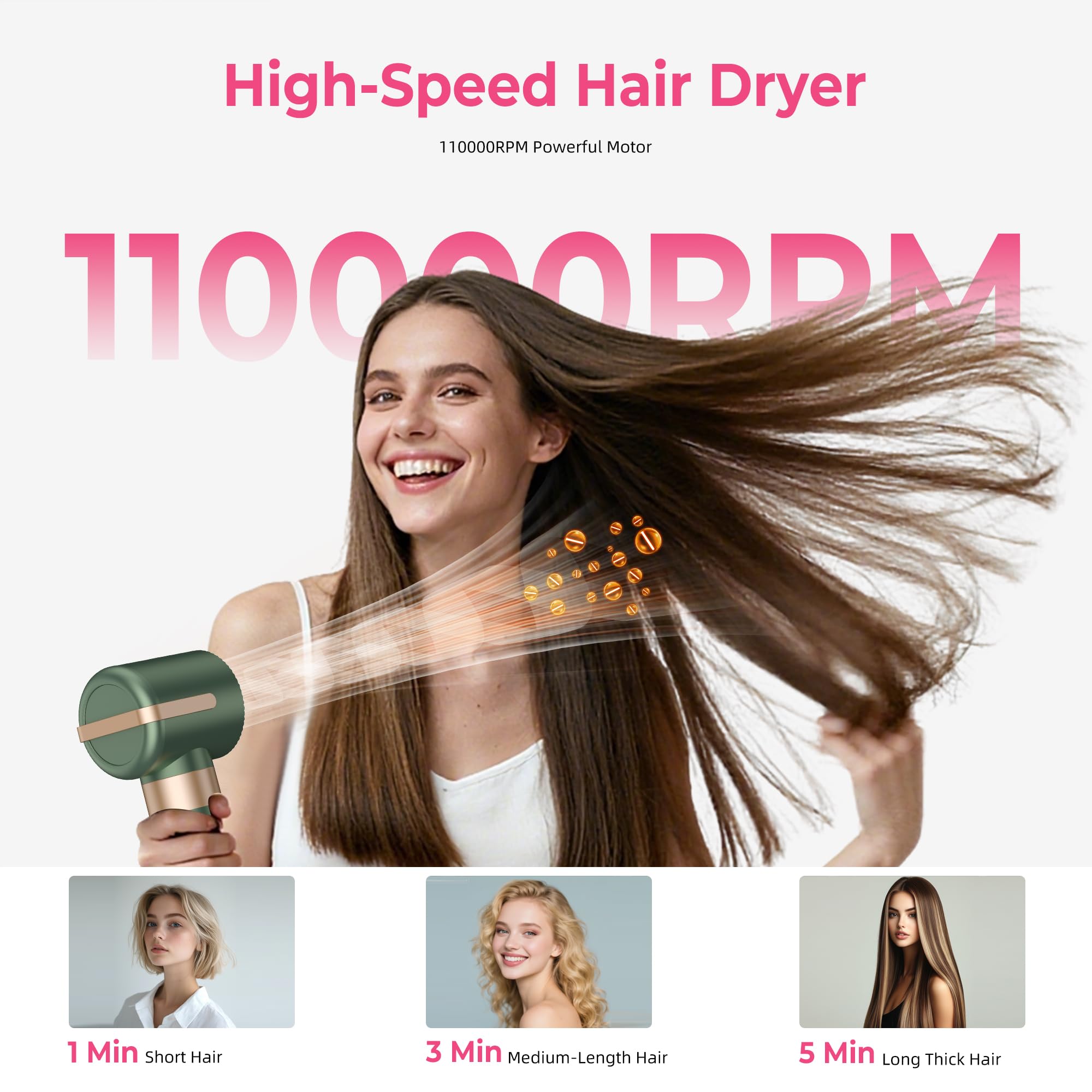 Atopskins 7 en 1 Air Styler&Sèche-cheveux,Brosse Souflante,110000 U/Min Seche Cheveux Avec Diffuseur,Airflow Fer à Boucler à Air de 30.5 mm,Hair Styler Professionnel | Lisser,Boucler les Cheveux,Vert