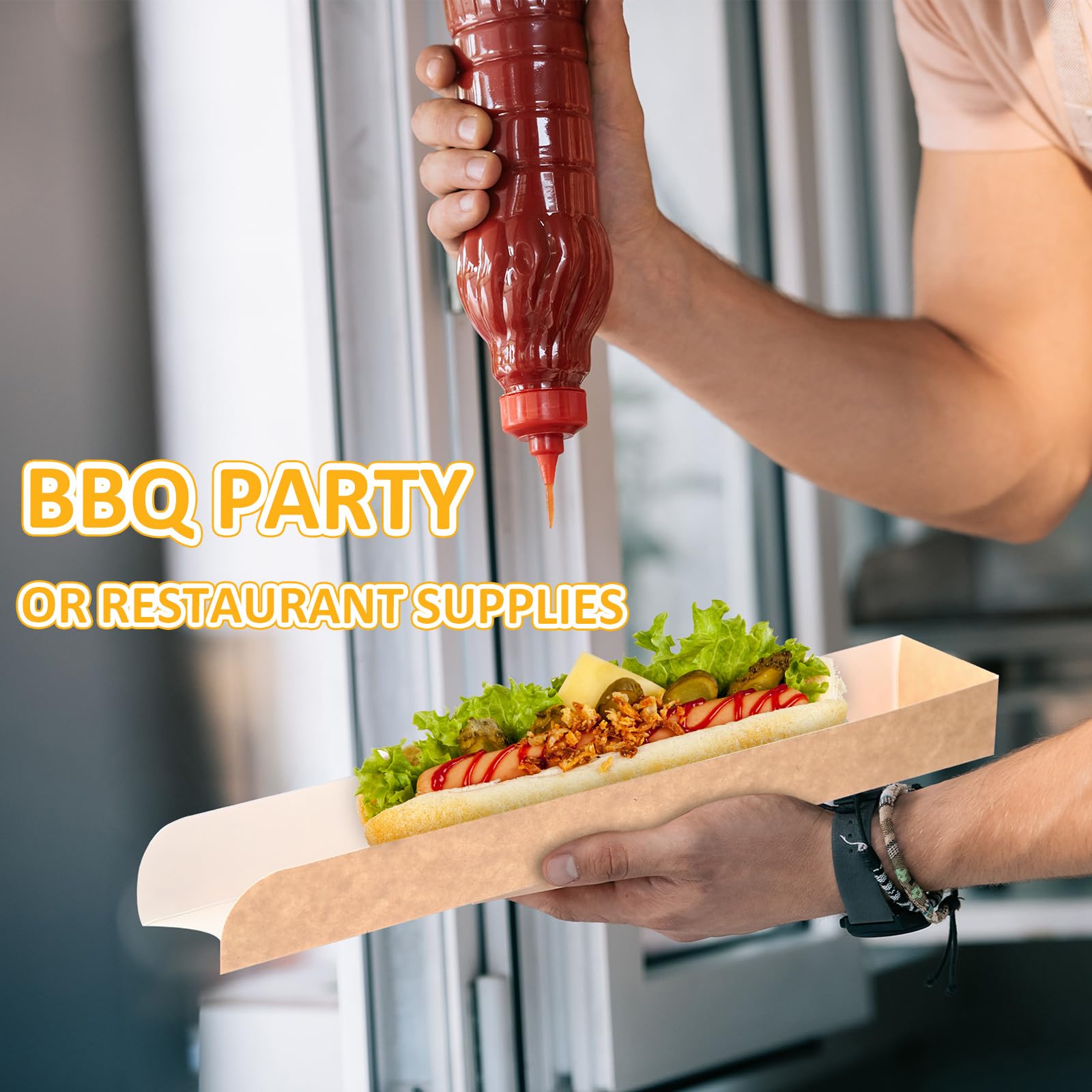 Layhit Lot de 100 plateaux jetables en papier kraft marron pour hot-dog - 30 x 5 x 3 cm - Pour nachos, tacos, frites, barbecues, festivals, fêtes (marron)
