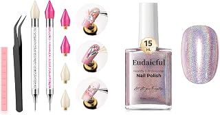 Rhinestone Picker Tool & Light Purple Holographic Nail PolishKit: 2Pcs Dual-Ended Rhinestones Applicator with 4 Upgraded Gem-Shape Wax Tips, Tweezer, Clay for DIY Nail Art Salon Home