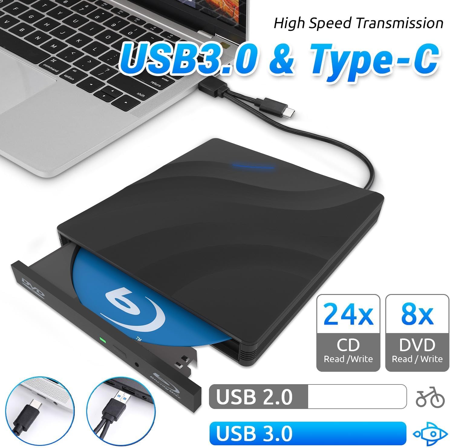 Unidad Blu-ray externa, USB 3.0 tipo C, grabadora de DVD y CD óptica 3D delgada, compatible con Windows y MacOS