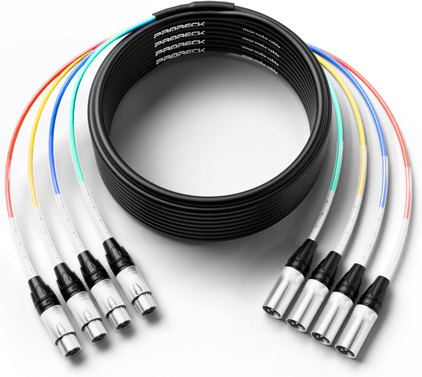 PRORECK50ft Snake Cable, 4-Channel Shielded Audio Cable XLR Male to XLR Female, with Color-Marked Connectors for Professional Stage, Studio, and Live (PR-XLR/XLR-4 * 50)
