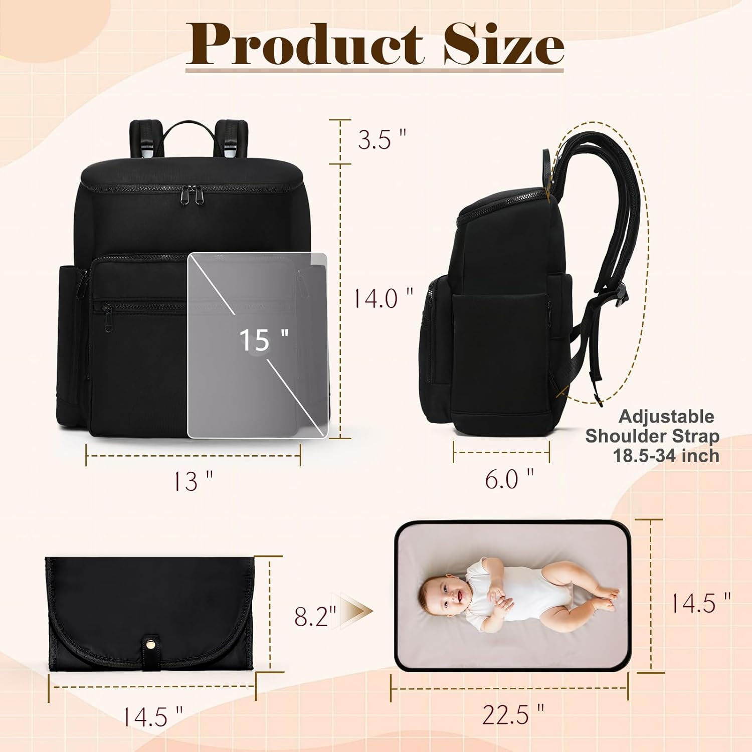 Neoprene Diaper Bag Backpack with Changing Pad,Stylish Travel Maternity Baby Bag,Insulated Pockets,Baby Shower Gifts for Boys & Girls, Black - Image 5