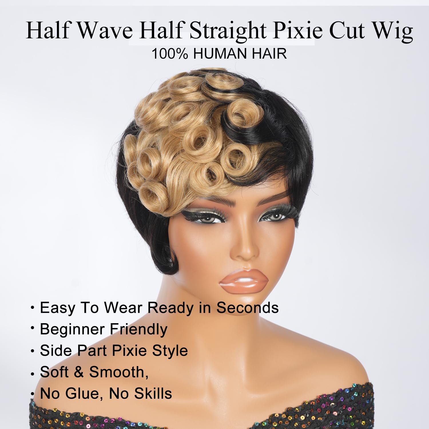 SUPERNOVA 1B/27# Pixie Cut Wig Human Hair Glueless Full Machine Made Big Wavy Bob Wig Ombre Color Short Pixie Wigs For Black Women Layered Brazilian Wigs Human Hair With Bangs For Daily Use 6Inch