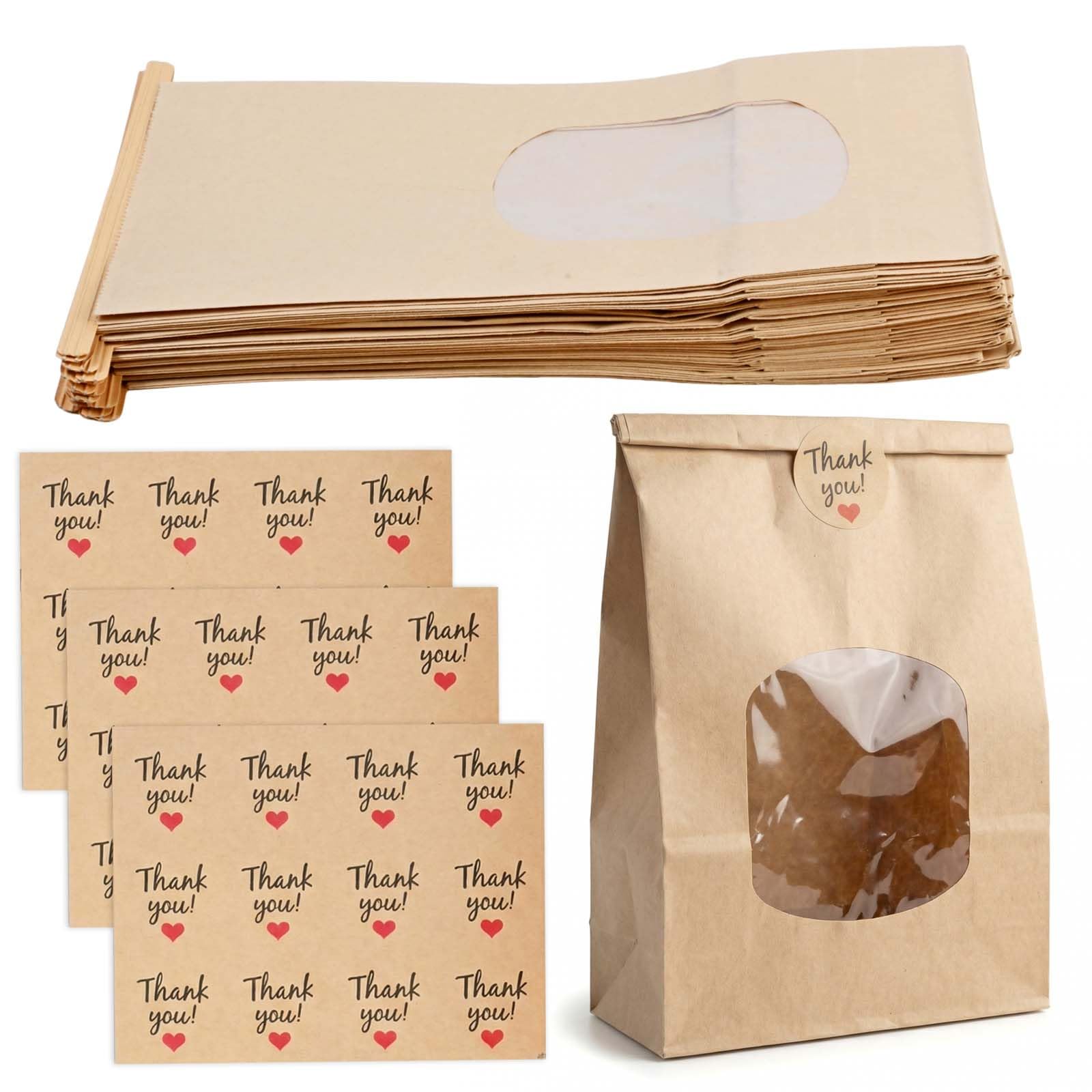 20 Pcs Kraft Paper Bread Bags with 3 Stickers, 9.6x3.1x2.8 in, Oil Proof Paper Bags with Window and Sealing Strip, Recyclable Kraft Pouches, Sourdough Bread Bag for Cookies Nuts Coffee Bean Tea Leaves