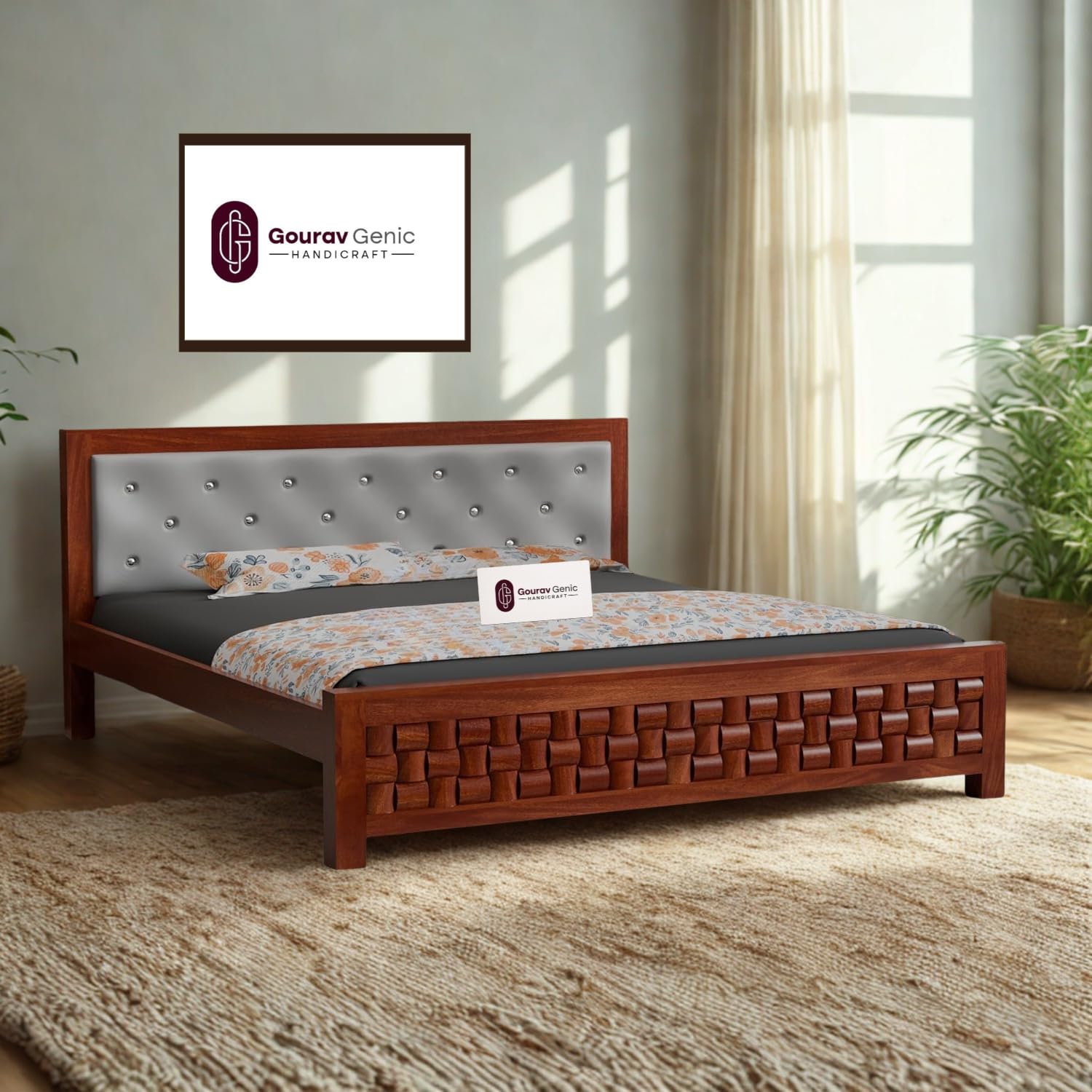 Solid Sheesham Wood Queen Size Bed with Upholstered Button Tufted Headboard | Modern Platform Wooden Bed Frame | Dark Honey Finish | Without Mattress-image-31