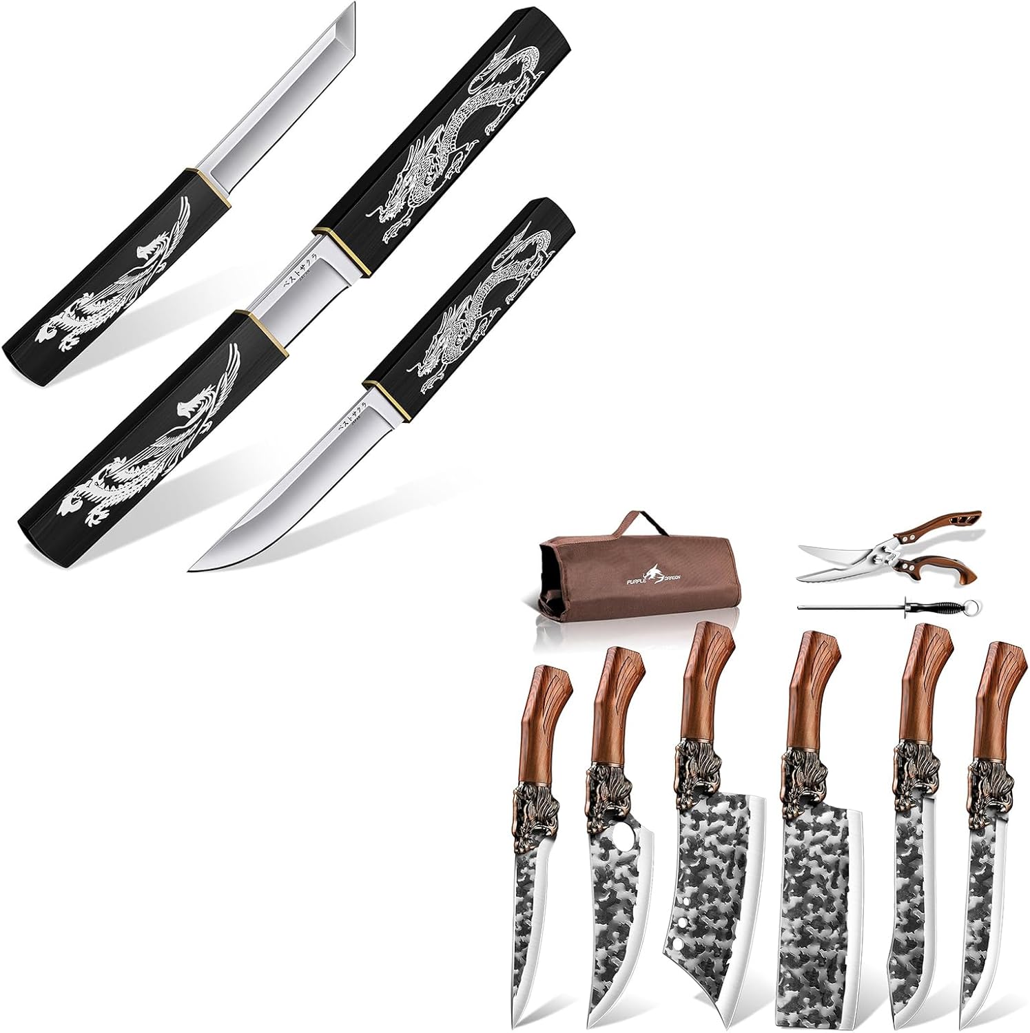 Purple Dragon Butcher Knife Set Tiger-Head Bundle with a Tanto Fixed Blade Knife, 8 PCS Japanese Chef Knife Set with Roll Bag, Hand Forged Meat Cleaver Boning Viking Knives, Gift for Men