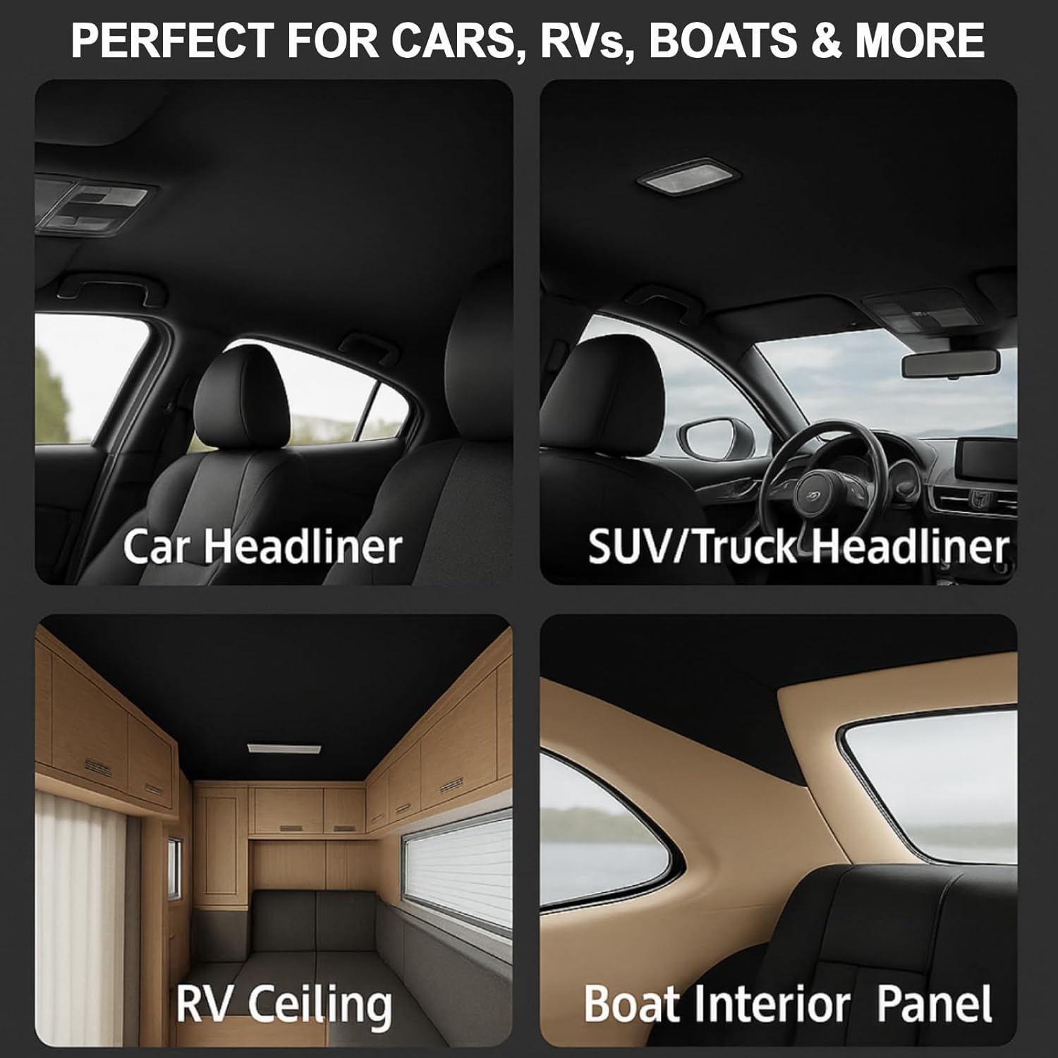 Black Suede Headliner Fabric 96" L x 60" W with 3.5mm Foam Backing – Automotive Roof Liner for Car, Truck, SUV, RV, Boat, Door Panels, Headliners – Folded for Shipping, Smooth After Steaming