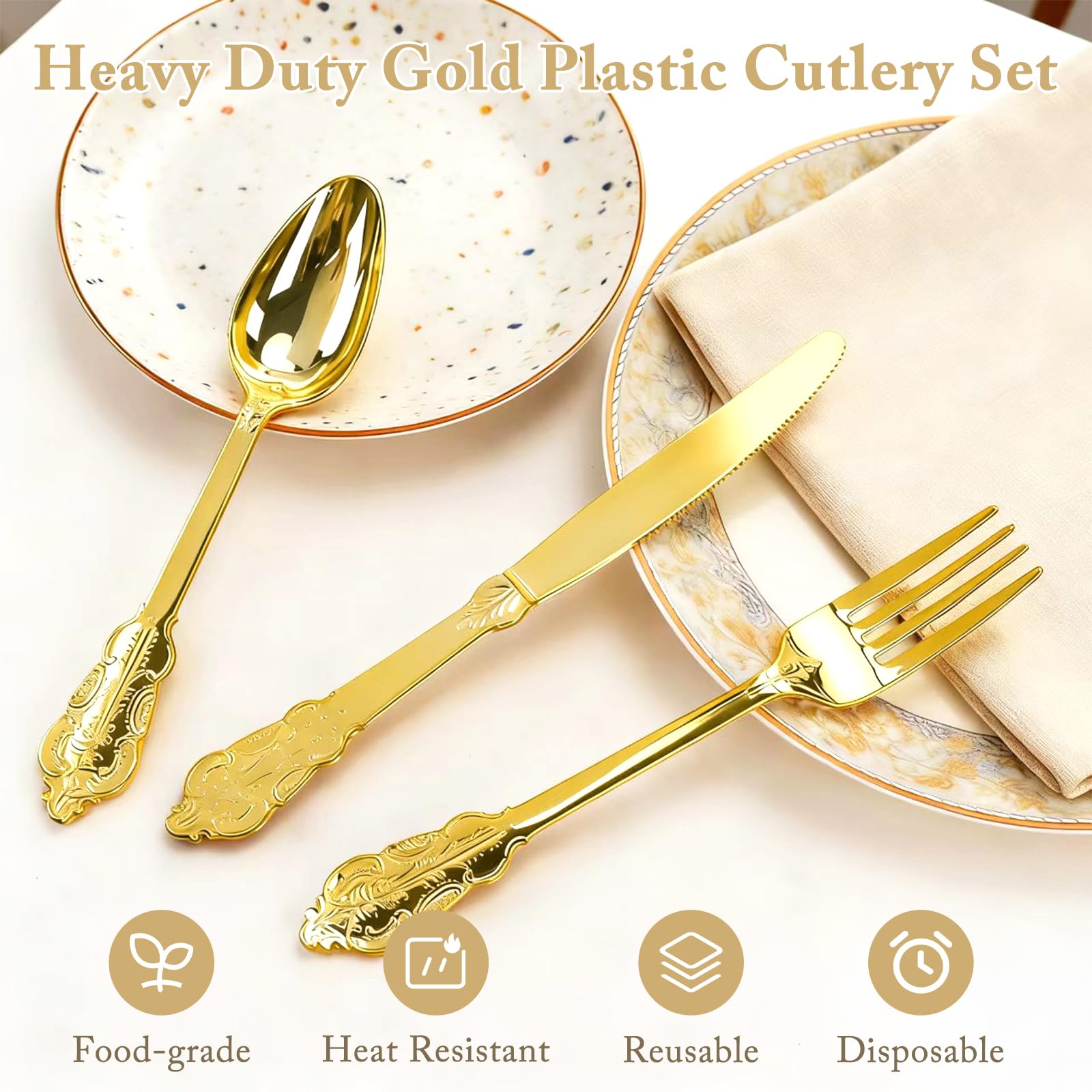 Juego de cubiertos de plástico dorado vintage de 180 piezas, 60 cuchillos, tenedores y cucharas | Lavable, reutilizable, resistente. Cubiertos pulidos. Duradero y elegante para bodas, fiestas de cumpleaños, eventos