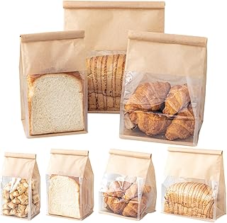 Roppolo 50 Pcs 3.9 Inch Bread Bags with Tin Tie, Mini Loaf Bags Made Of Brown Cotton Paper, Storage Packing Bag with Clear Window for Bakery, Cafe, Homemade Bread