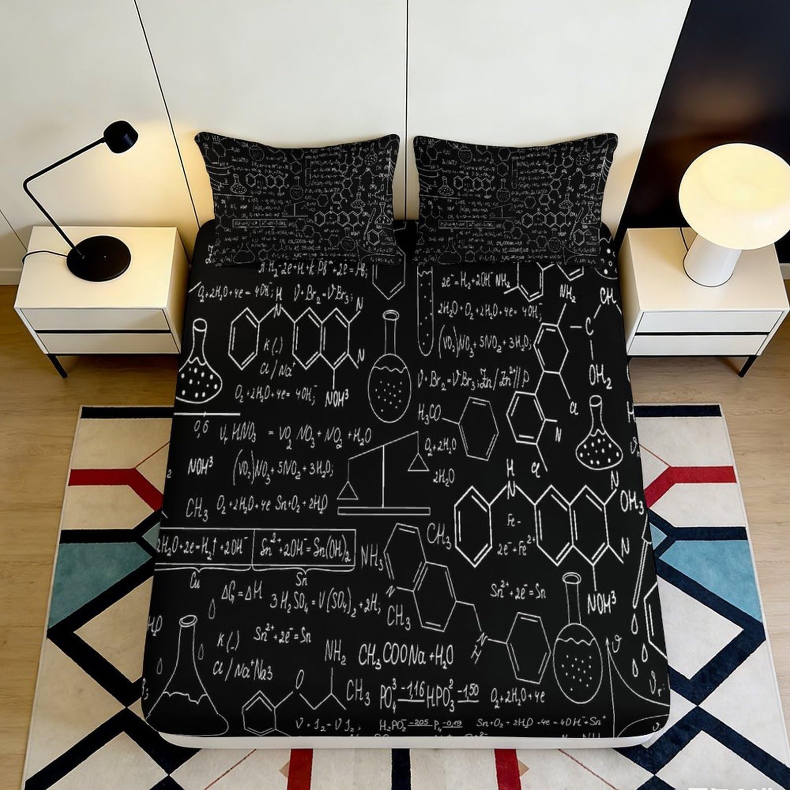 3D Printed Chemistry Formula Fitted Sheet Microfiber Anti-Slip Science Pattern Bed Cover for Bedroom Dorm Mattress Protection 180x200x25cm