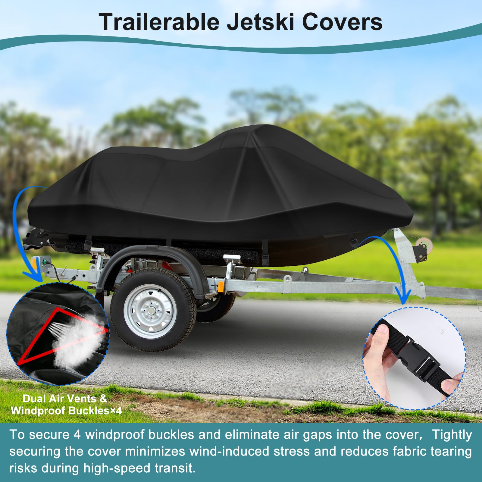 Funda para moto acuática 420D resistente al agua de 3 plazas, cubierta Waverunner mejorada con 2 rejillas de ventilación, 4 hebillas resistentes al viento, funda universal para todo tipo de clima para