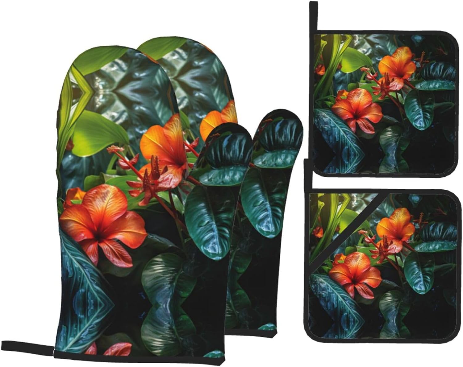 hojas tropicales y Flores Print Oven Mitts and Pot Holders 4pcs Set, Oven Glove Heat Resistant Potholder