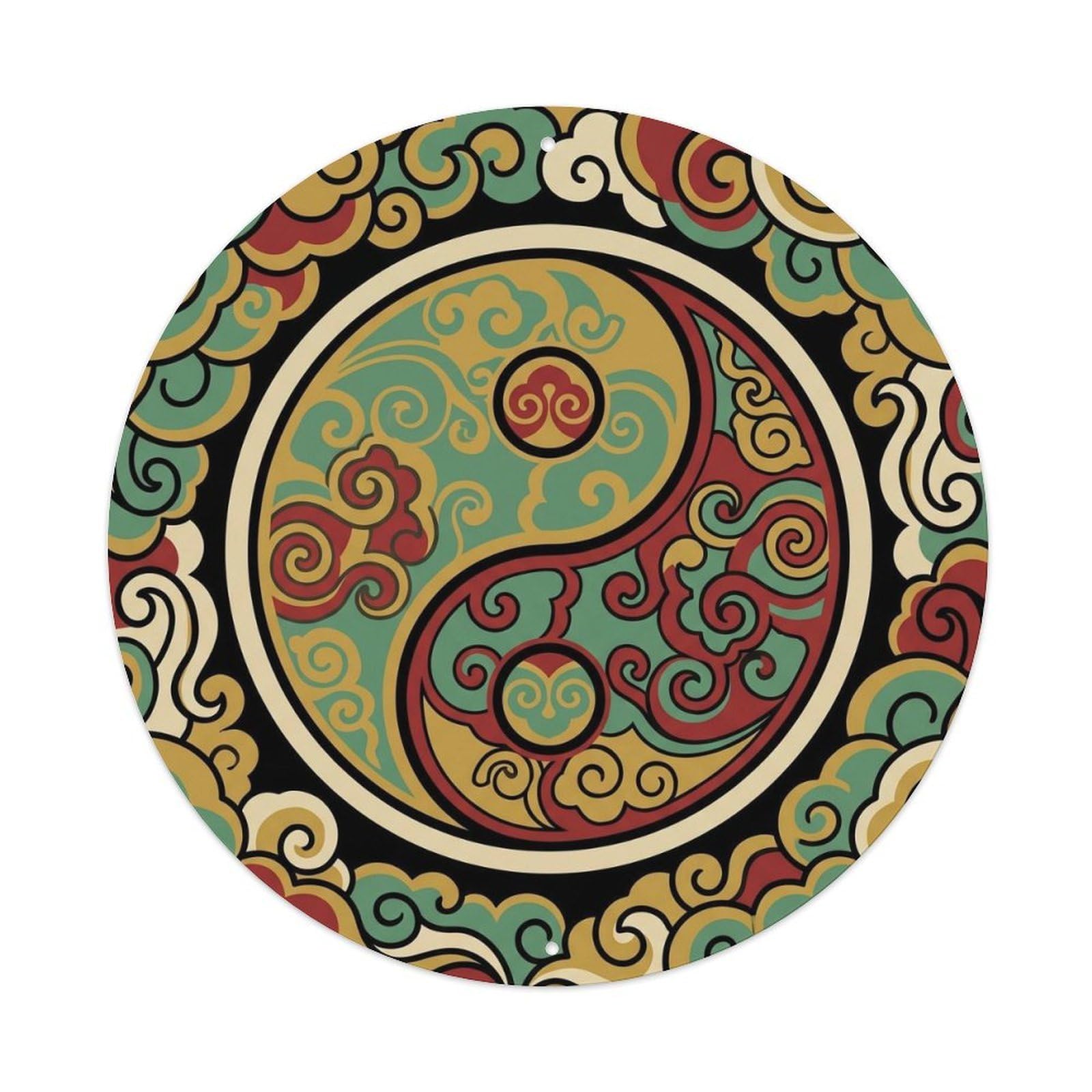 Auspicious Cloud Ruyi Taoist Pattern Chinese Harmony Metal Tin Sign Plaque Wall Decor for Cafe, Man Cave, Club Bar, Office, Home Garden Round Metal Poster 8x8Inch