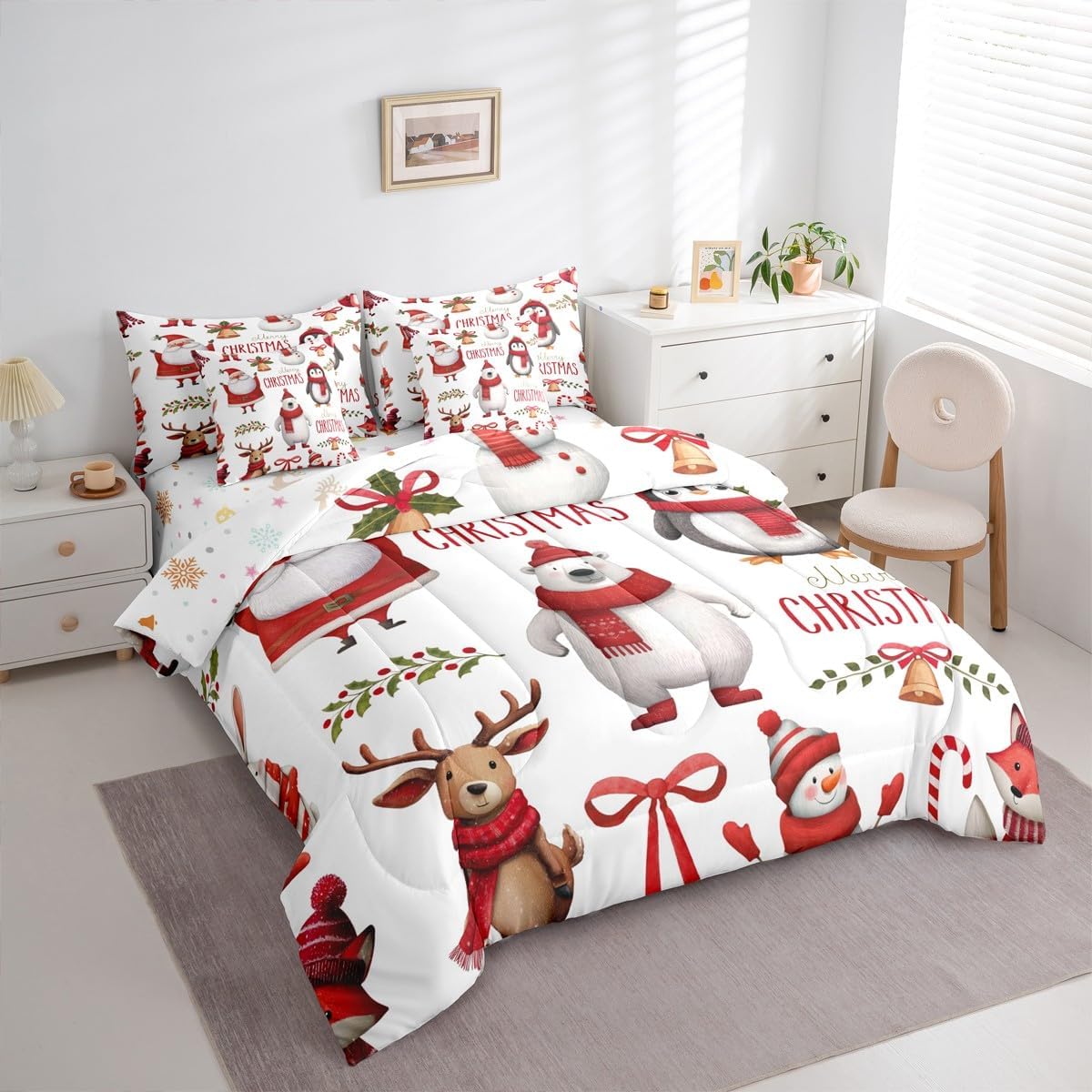 Kids Christmas Comforter Set Bed In A Bag Queen Size 7 Piece Deer Cute Animal Santa Claus Snowman Bedding Set For Girls (1 Comforter, 1 Flat Sheet, 1 Fitted Sheet, 2 Pillowcase,2 Throw Pillow Covers)