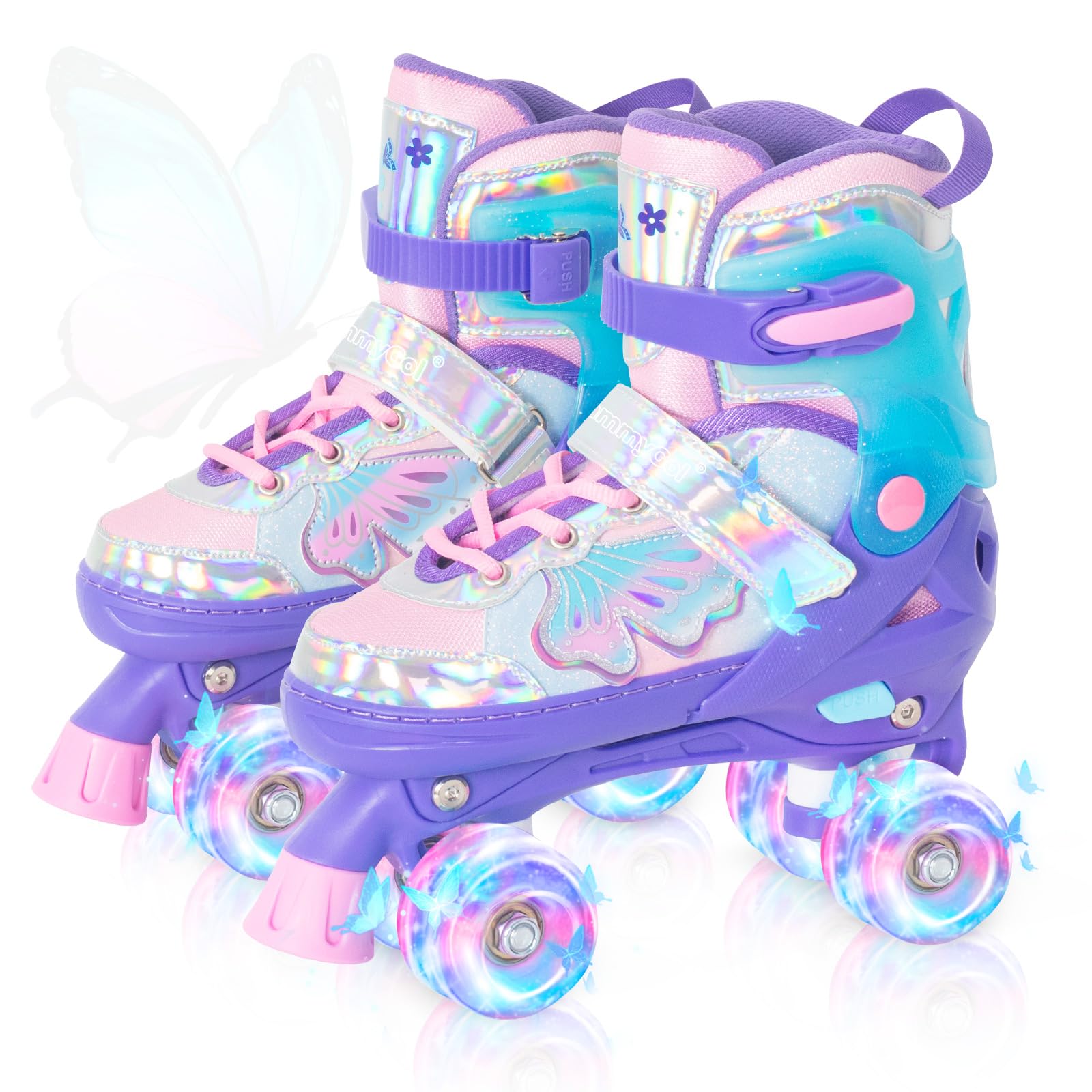 Photo 1 of MammyGol Kids Roller Skates for Girls or Boys, Adjustable Roller Skates for Children with Beautiful Butterflies, Beginners 3-16 Years Old Light up Quad Skates Indoor Outdoor