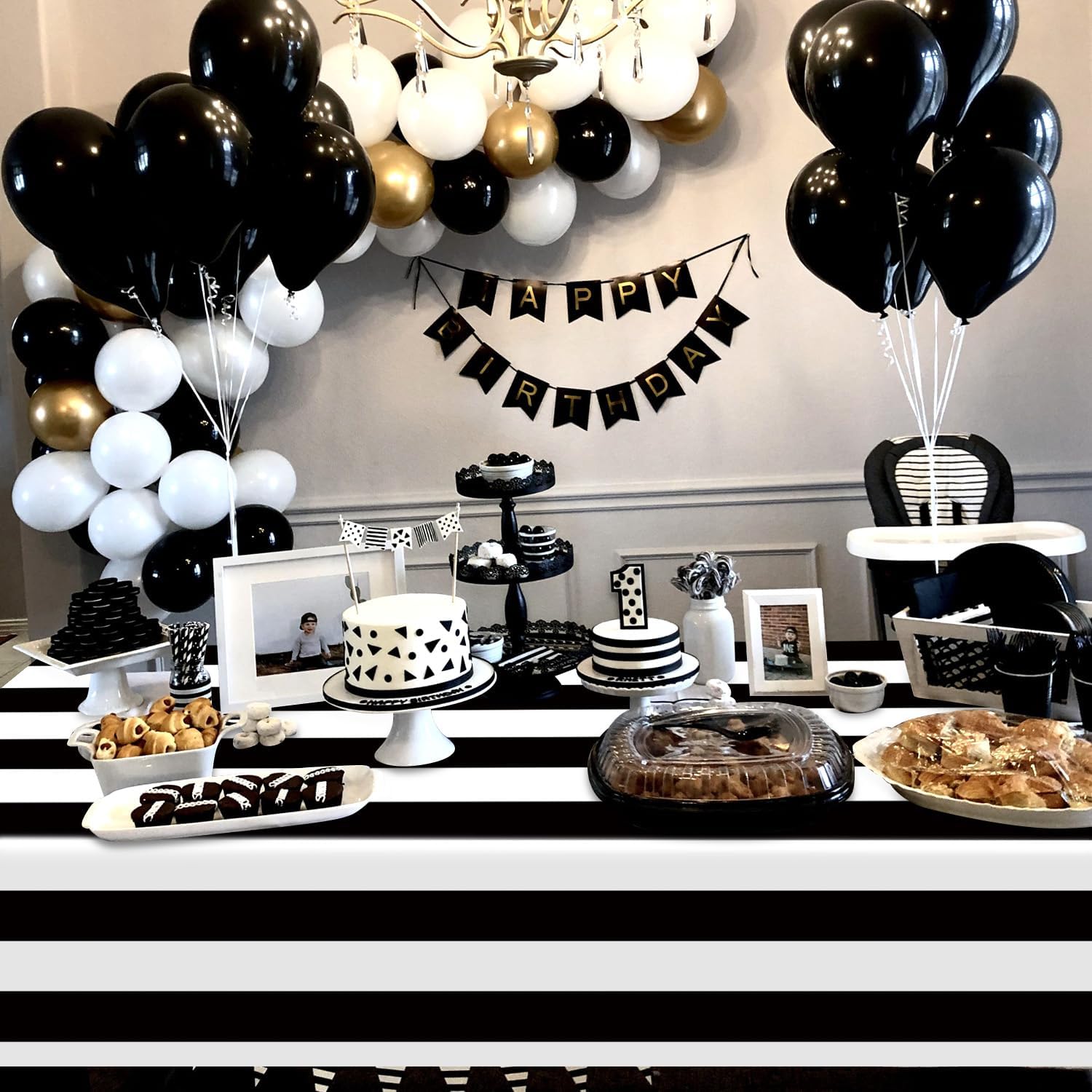 Black and White Striped Tablecloth Roll 51in X 100ft Black Horizontal Stripes Plastic Table Cover Table Decoration for Birthday, Baby Shower, Picnic, Halloween Backdrop