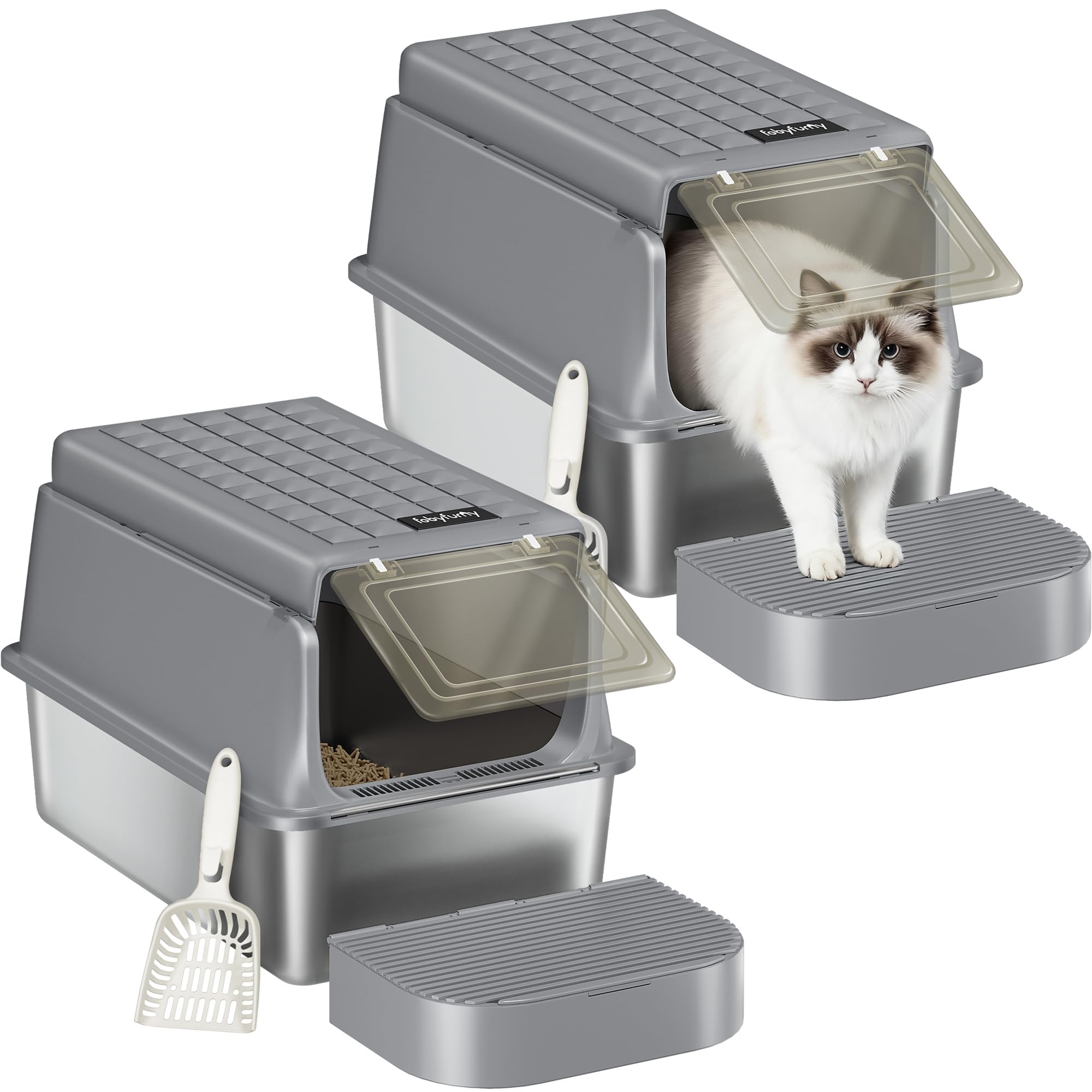 Fobyfurny Lettiera Acciaio Inox Chiusa con Coperchio Confezione da 2, 60x40x38,5cm, Lettiera Gatto Acciaio Inox XXL, Paletta e Pedana, Rimovibile, 120° Coperchio Incernierato, Grigio Scuro FPLB002SG2