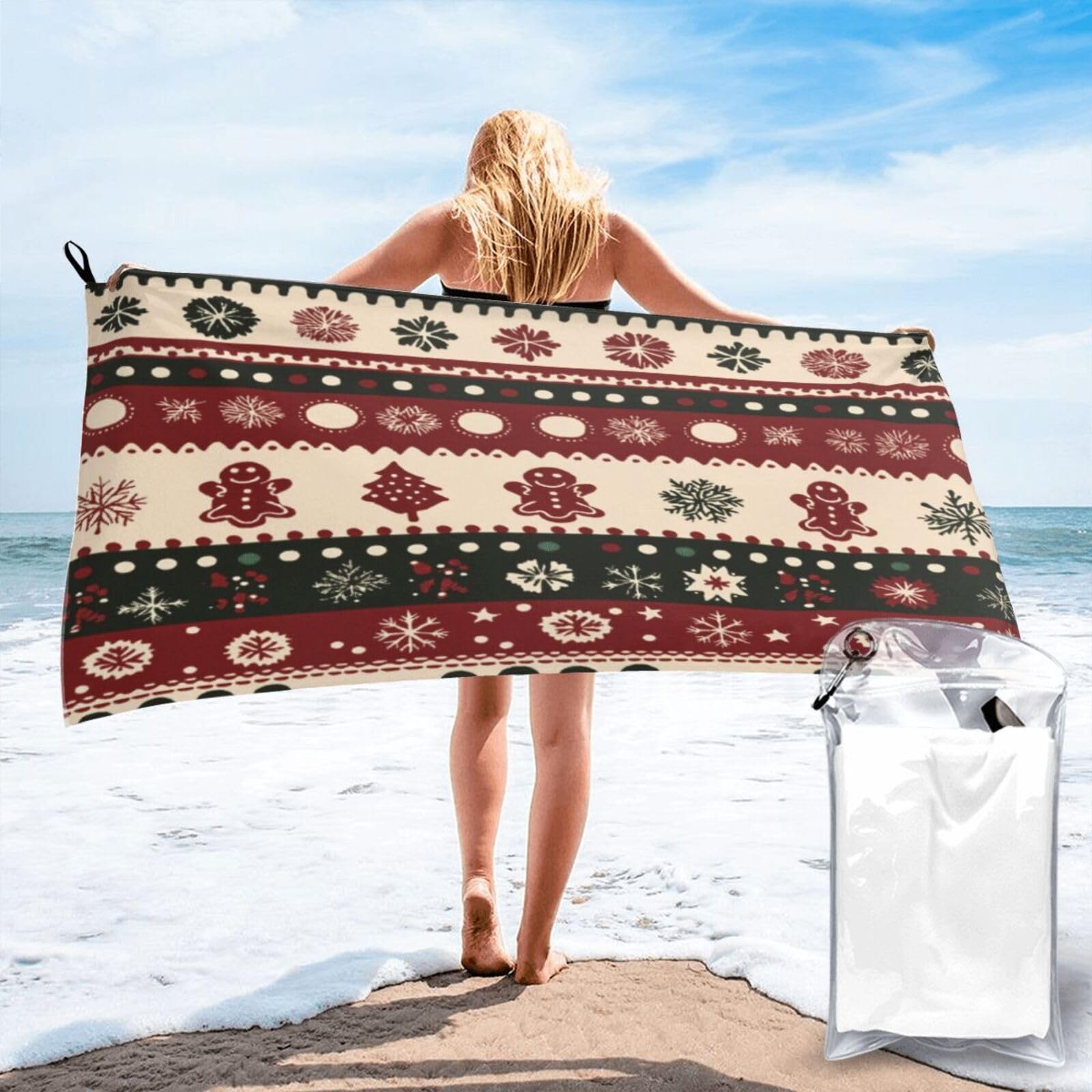 Anceky Christmas-Themed Patterned Fabric Design Quick Dry Microfiber Travel Towel with Carry Case and Carabiner 27.5"X55"