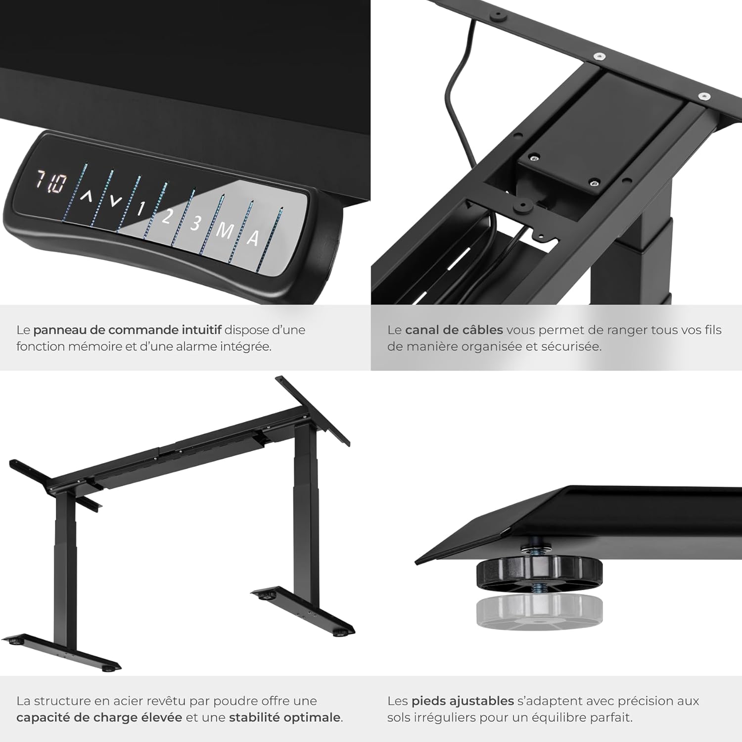 TecTake Desk Features: Control Panel, Cable Channel, Steel Structure, Adjustable Feet