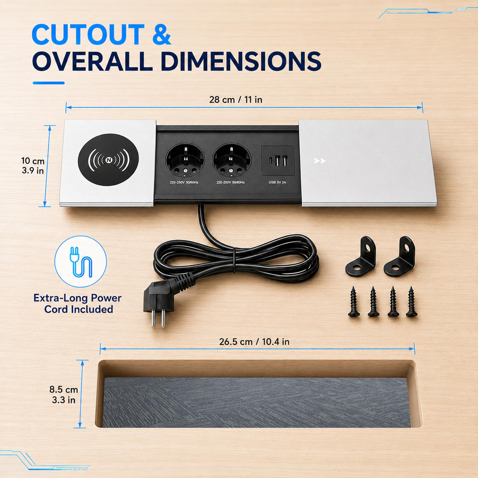 Enchufe de Escritorio Empotrable con 20W USB-C y Carga Inalámbrica(Plateado)