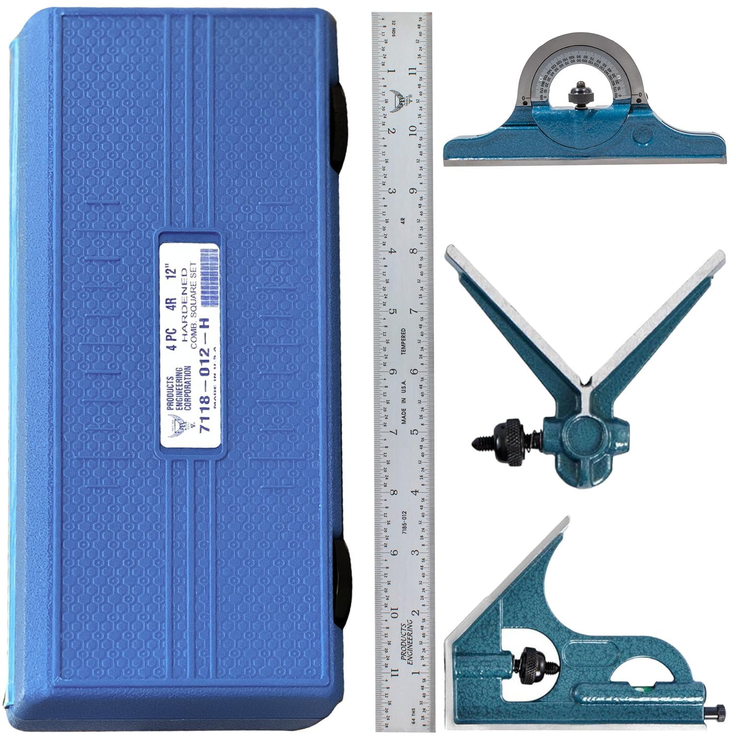 PEC Tools 2-Piece Combination Square Set - 4R 12” Machinist Blade Cast Steel Head, Reversible Locking Bolt, Scribe, for Metalworking, Carpentry and Multiple Applications, Made in USA