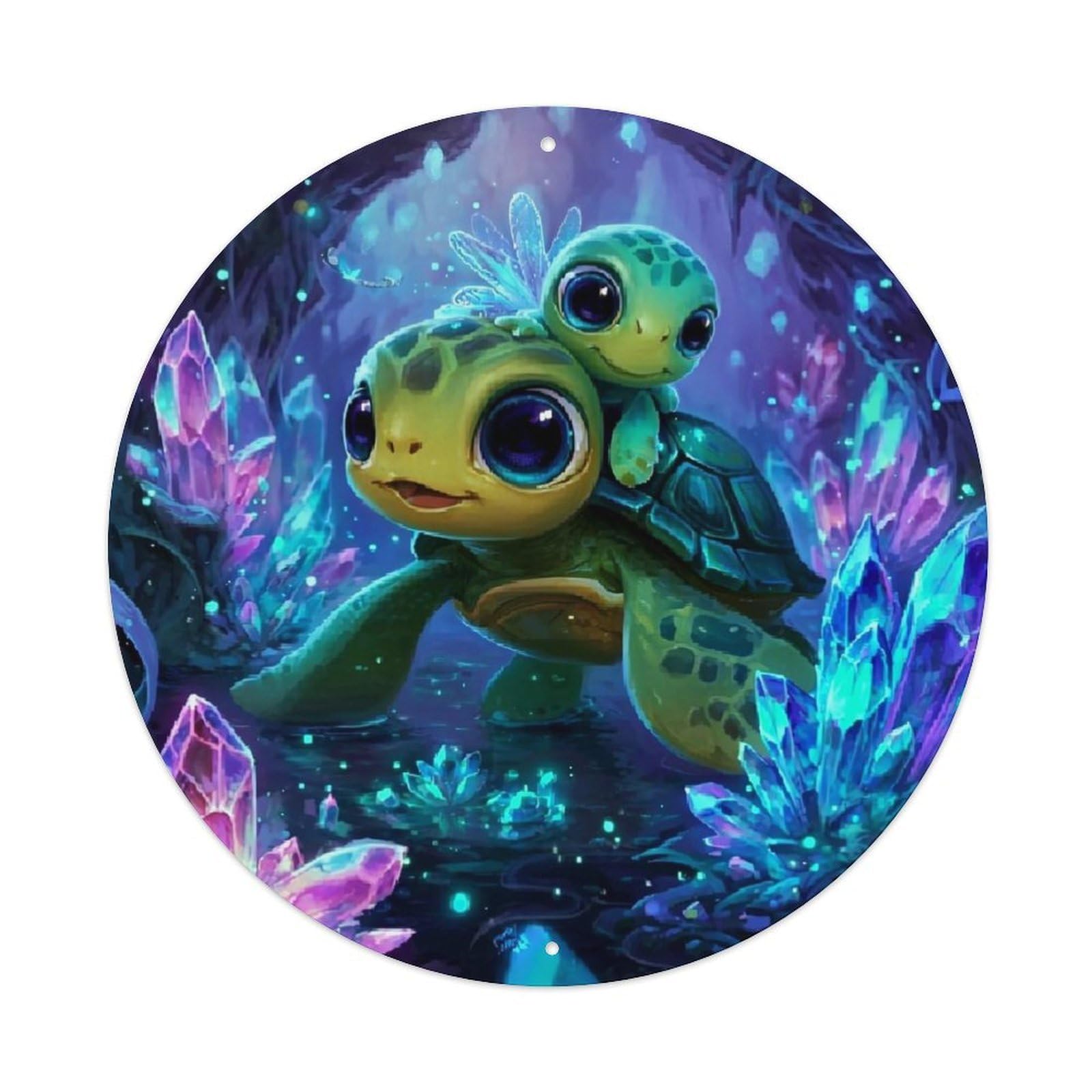 Magical Turtle Crystal Forest Glow Retro Metal Sign Round Tin Sign, Vintage Decor Art Poster for Bar, Home, Man Cave, Kitchen, Laundry Room Gift 8x8Inch
