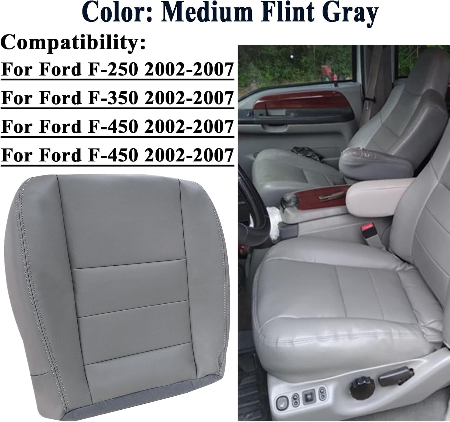 NLQR Gray Driver Side Bottom Replacement Seat Cover & Foam Cushion Compatible with Ford F250 F350 F450 F550 Lariat 2002 2003 2004 2005 2006 2007 Compatible with Ford Excursion 2002 2003 2004 2005