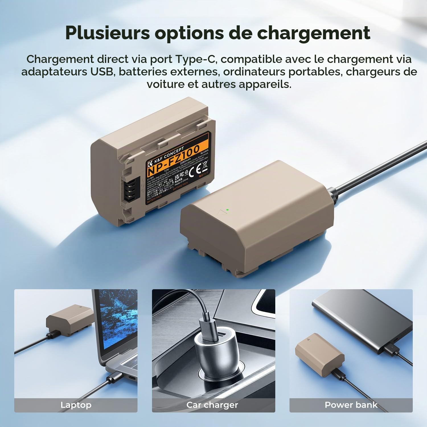 K&F CONCEPT NP-FZ100 Batterie d'appareil Photo avec Connecteur de Charge Directe de Type C Compatible avec Les Appareils Photo Sony A9 A7III A7RIII A7RIV A6600 ZV-E1 FX3, FX30 (2 Batteries)