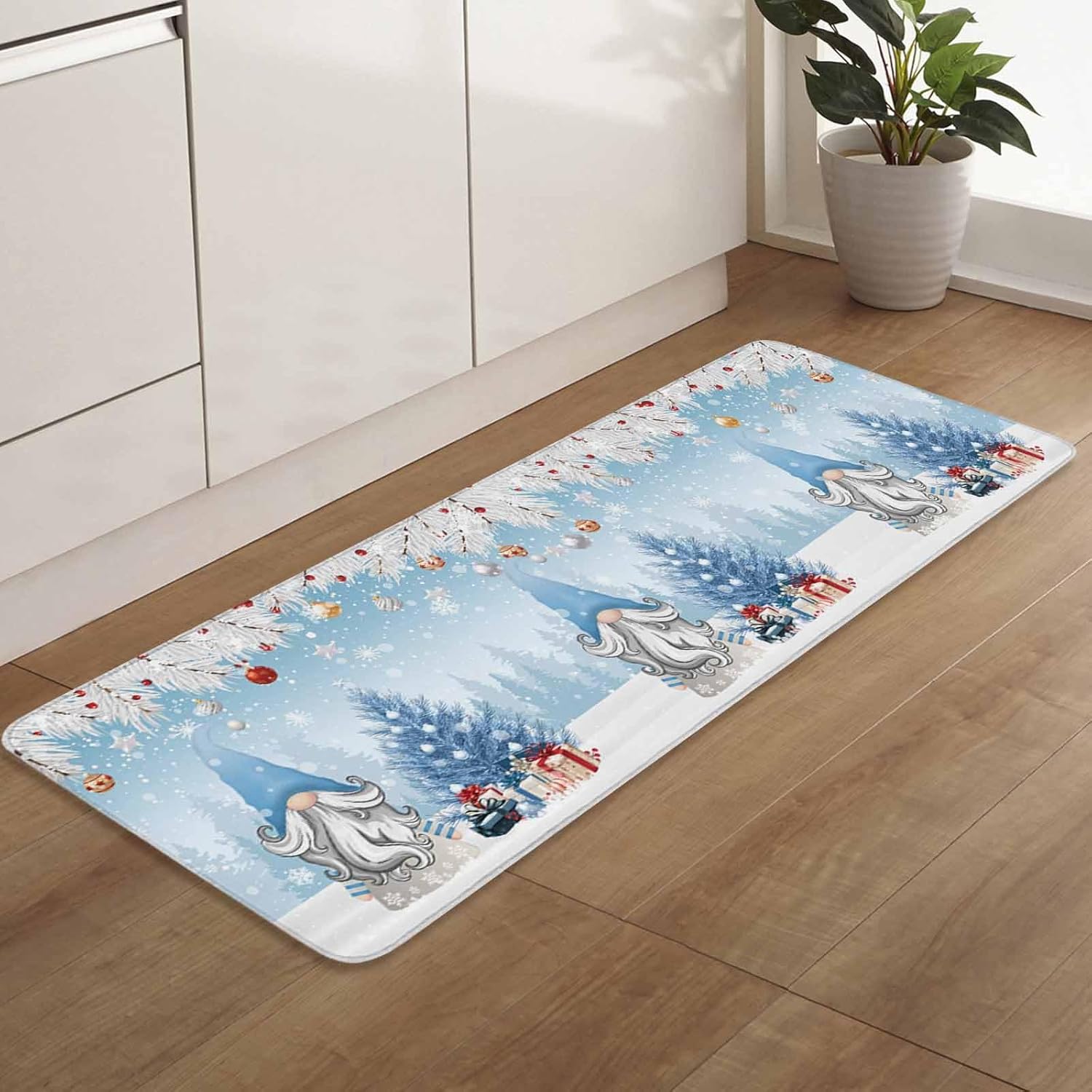 Kitchen Mats for Floor 2 Piece, Christmas Gnome with Blue Xmas Tree and Gifts Non-Slip Kitchen Rugs Washable Runner Rug Set Absorbent Carpets for Kitchen Laundry Room, 20"x24"+20"x48"