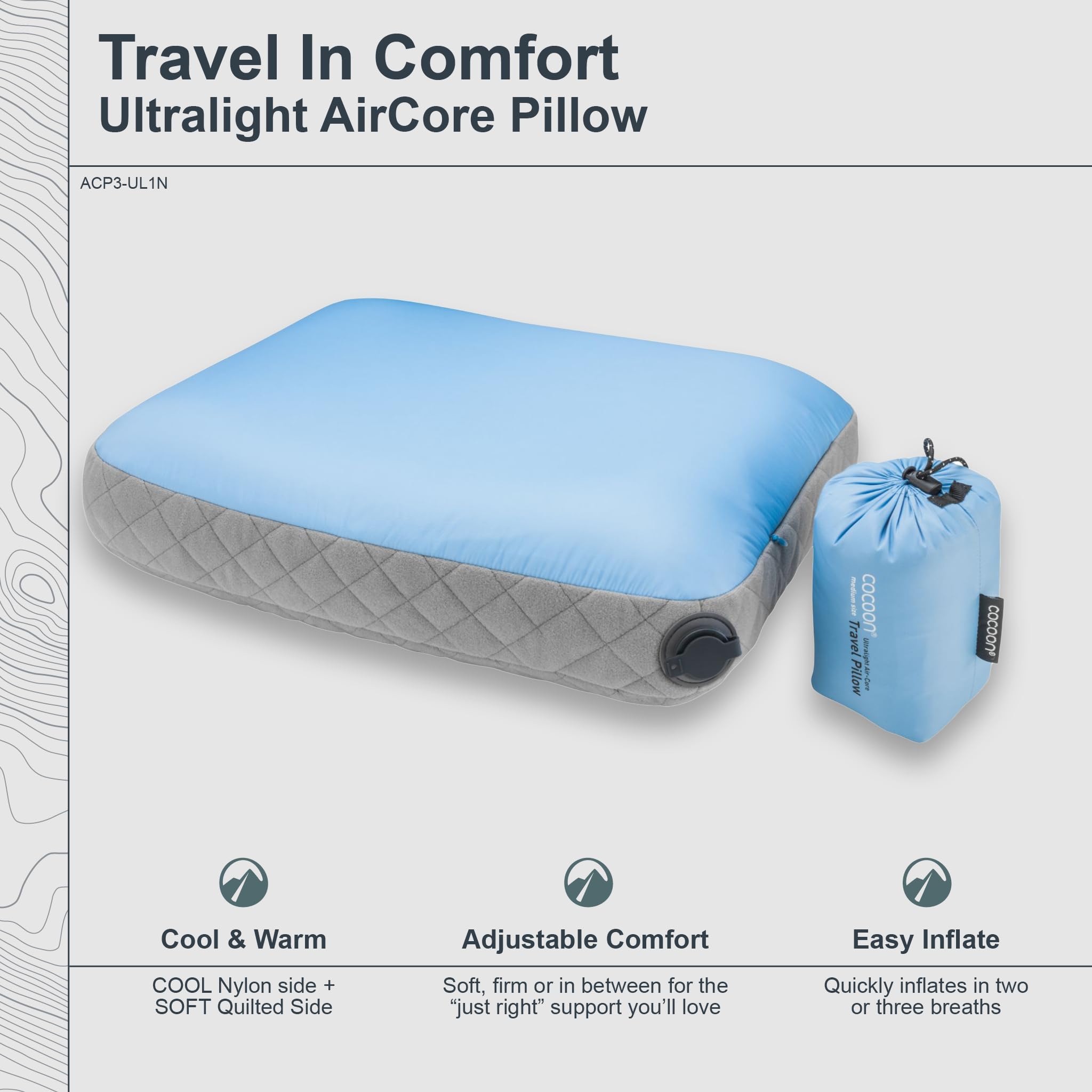 Cocoon Air-Core Oreiller ultraléger Bleu Clair/Gris 28 x 38 cm | Support réglable gonflable, léger et compact, coque douce et confortable pour le camping, les vols et les voyages en voiture