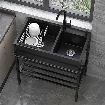 Free Standing Stainless Steel Utility Sink, Single Bowl Commercial Restaurant Kitchen Sink Set with Water Hose and Storage Shelve, Inner Sink Laundry tub for Indoor Outdoor