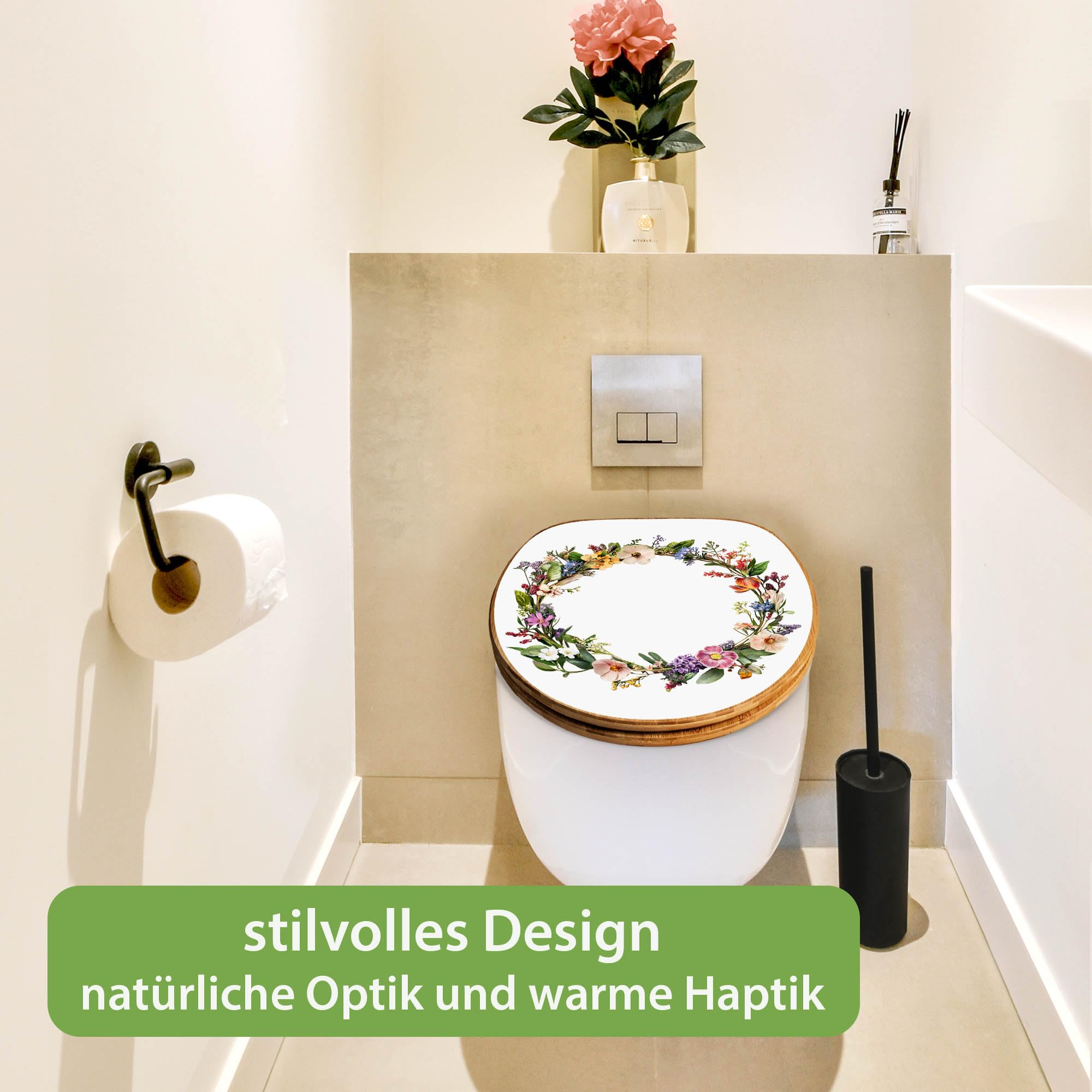 banjado Design WC Sitz Bambus Absenkautomatik 45,8x37,5cm - Toilettendeckel mit Absenkautomatik Holz - hochwertiger Bambus Klodeckel - WC-Sitz für gängigen Toiletten - Motiv Blumenkranz der Jahreszeit
