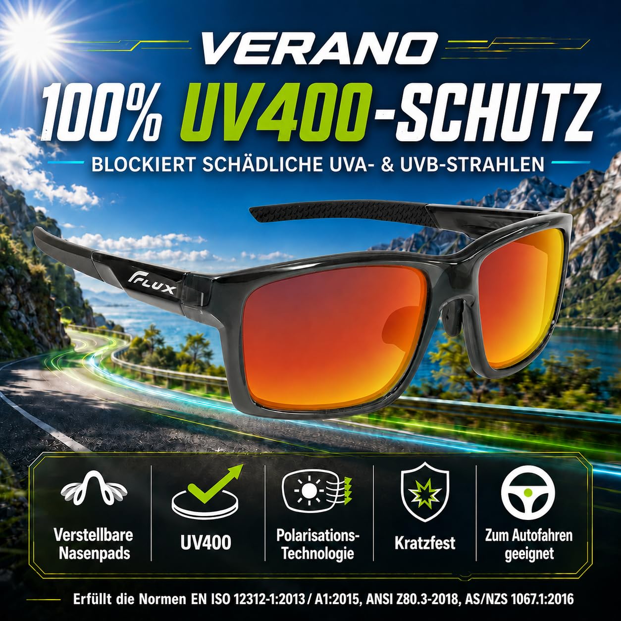 ICECUBE Verano Polarisierte Sport-Sonnenbrille mit Anti-Rutsch-Funktion, verstellbarem Nasenpolster und leichtem Rahmen, für Männer und Frauen beim Fahren, Laufen, Baseball, Golf