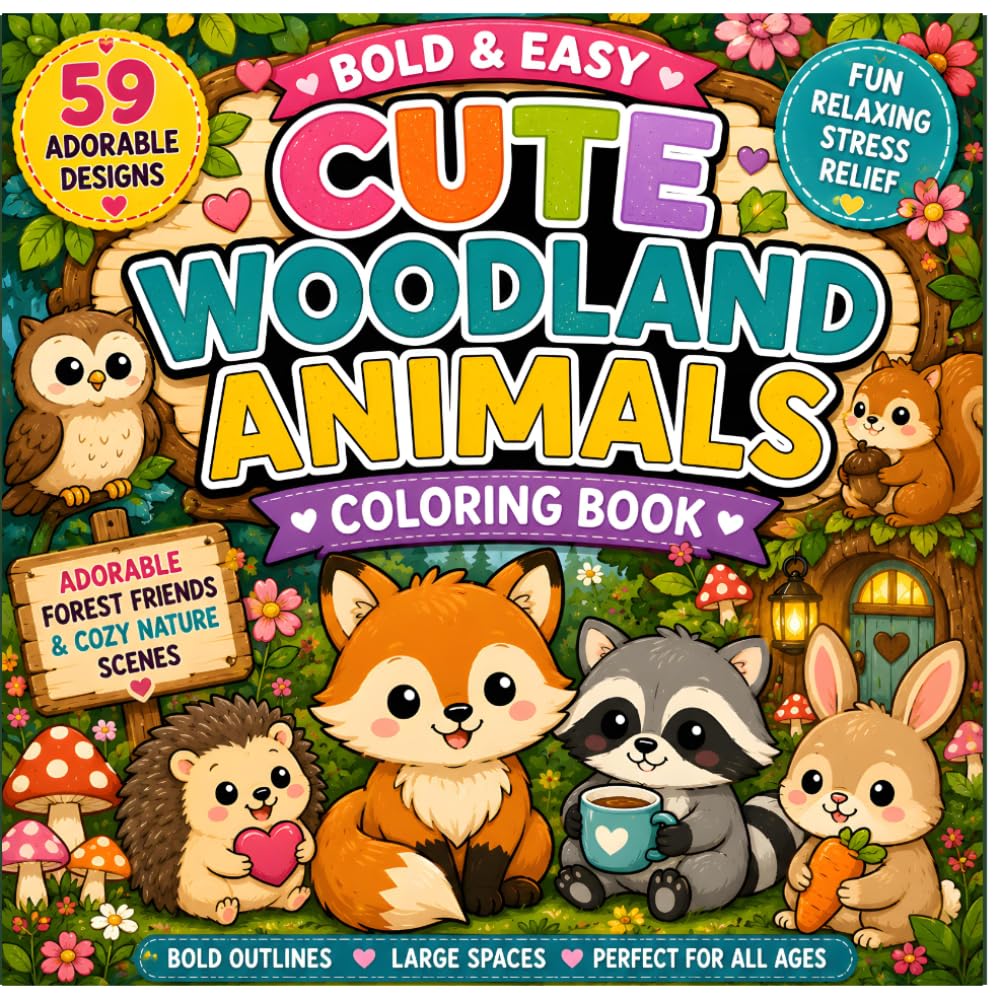 Bold & Easy Cute Woodland Animals Coloring Book: Fun and Relaxing Forest Friends with Adorable Foxes, Bunnies, Owls, Squirrels, Hedgehogs, and Cozy ... for Stress Relief and Creative Coloring